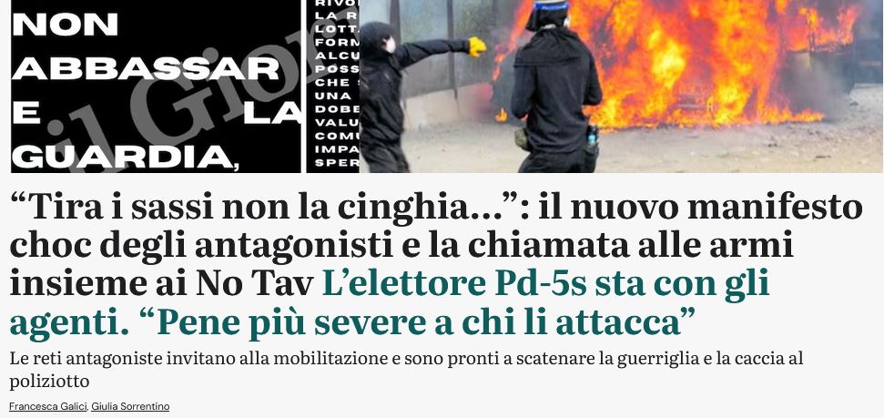 giuseppeargent3's tweet photo. NOTAV.  Ormai non ci sono più dubbi: sono anche dei criminali, perchè spingere a  colpire gli agenti con sassi nella cinghia, significa che potrebbero  uccidere gli agenti: quindi potenziali assassini. Il Governo dovrebbe  intervenire con pene di ergastolo per tentato omicidio https://t.co/91ZCyzkigT
