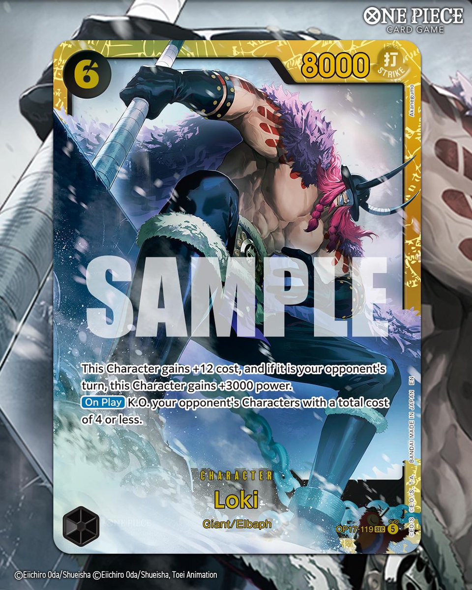 ONEPIECE_tcg_EN's tweet photo. OPCG BOOSTER PACK -THE WORLD'S STRONGEST WARRIORS- [OP-17] OFFICIAL CARD SHOWCASE:

Known as the "Cursed Prince" of Elbaph, Loki commands attention with his fearsome power!

Booster releases August 28, 2026.
#ONEPIECE
#onepiececardgame https://t.co/LsJ69bS8uh