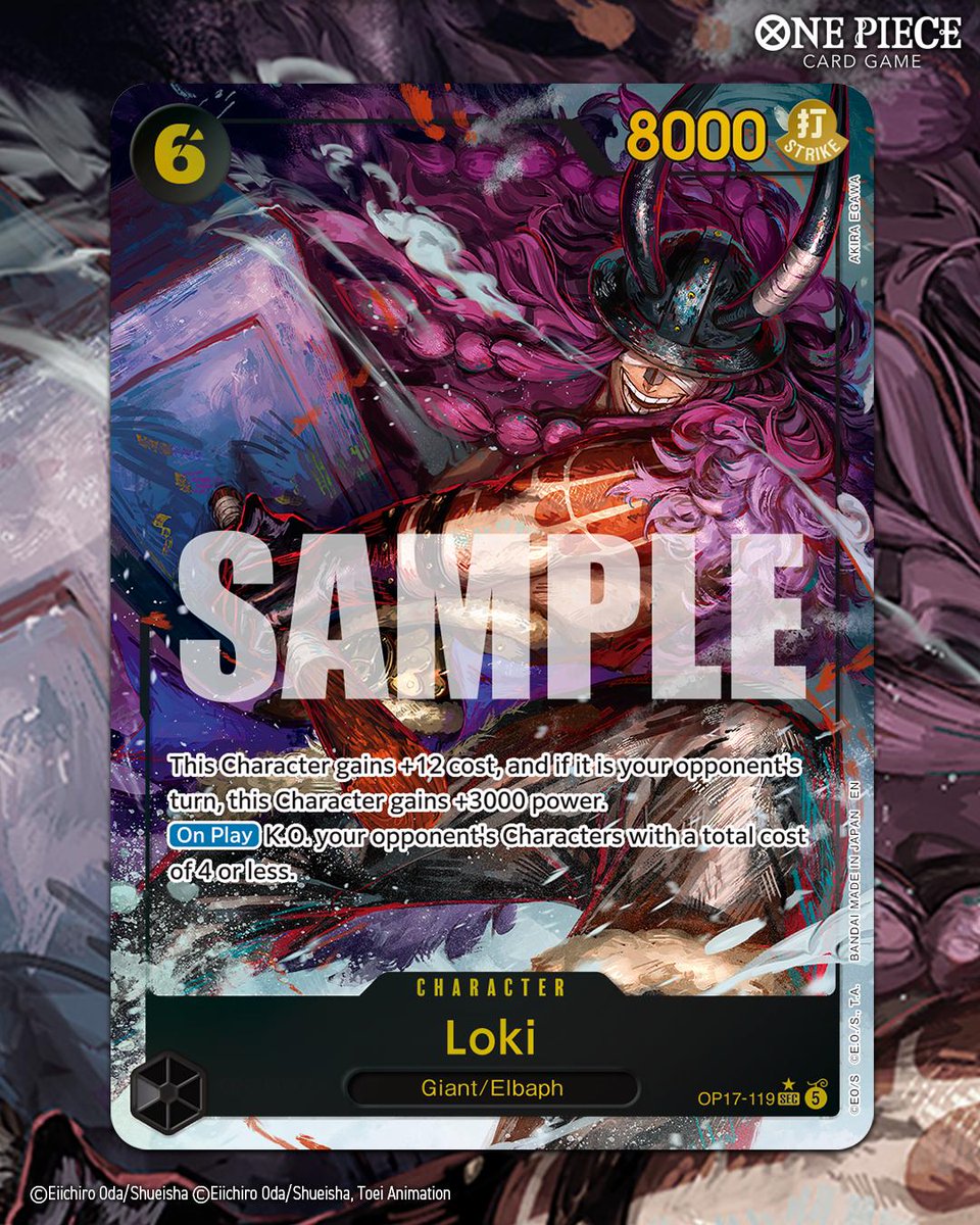 ONEPIECE_tcg_EN's tweet photo. OPCG BOOSTER PACK -THE WORLD'S STRONGEST WARRIORS- [OP-17] OFFICIAL CARD SHOWCASE:

Known as the "Cursed Prince" of Elbaph, Loki commands attention with his fearsome power!

Booster releases August 28, 2026.
#ONEPIECE
#onepiececardgame https://t.co/LsJ69bS8uh