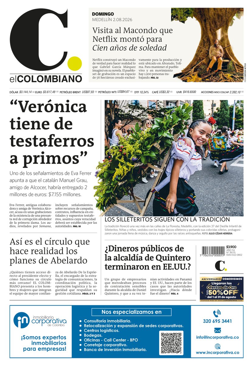 elcolombiano's tweet photo. ¡Buenos días! ☀️ Compartimos la #PortadaEC 🗞️ de este domingo, 2 de agosto. Nos vemos en ➡️ https://t.co/11QZUnhezI con más noticias de Antioquia, Colombia y el mundo. 🌎 https://t.co/4LCNbeYYNZ