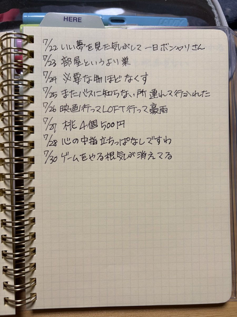 hacca1412's tweet photo. ロルバーンに書ける時だけ書いてる一行日記7月ぶん
手が震えちゃう人なので字がアレだけど気にしない https://t.co/QiqHedpIWi