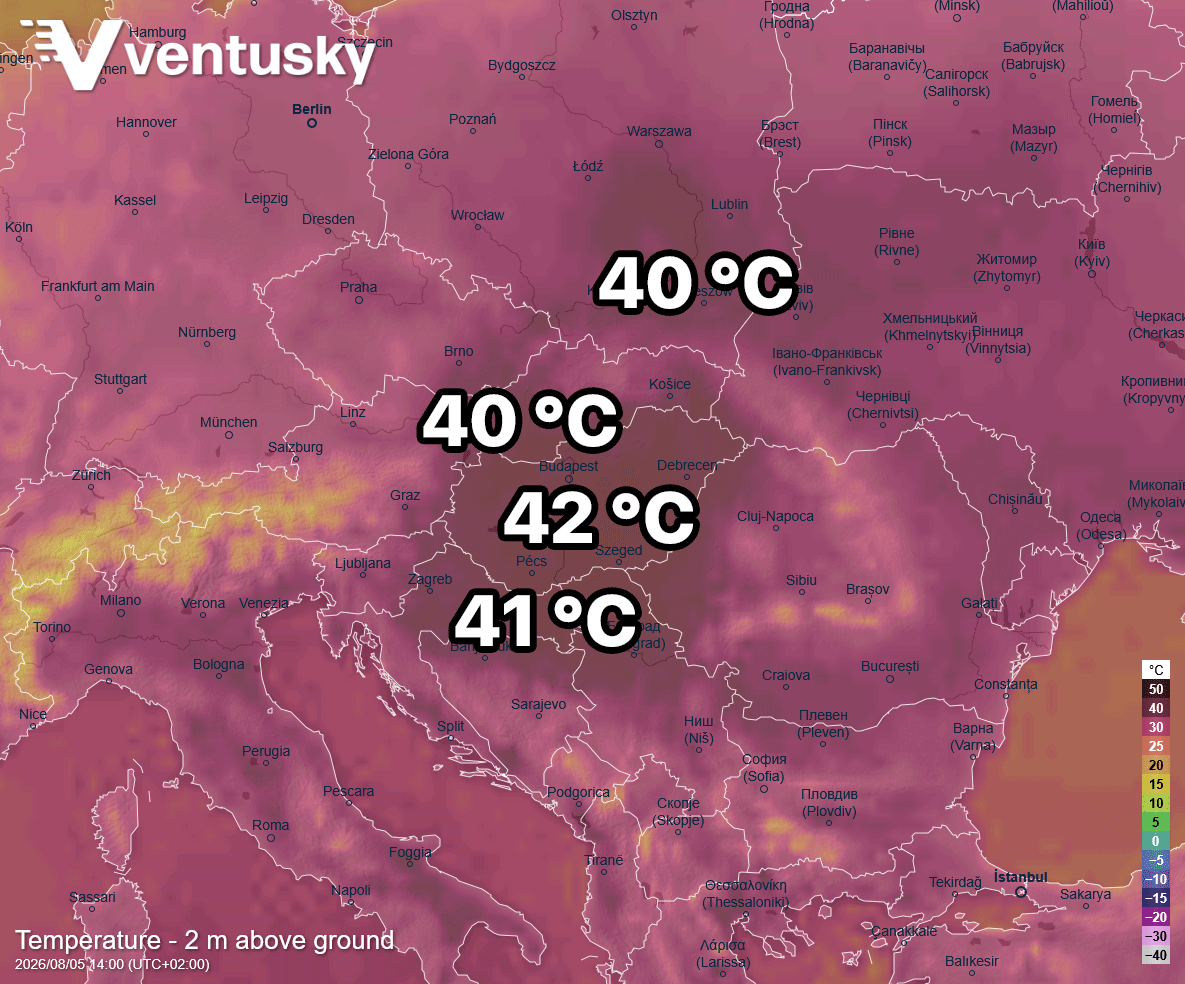 Ventuskycom's tweet photo. Another exceptional heatwave will hit parts of Europe. 🥵🧐 From southeastern Poland through Slovakia to Hungary, Serbia, and Croatia, temperatures are expected to exceed 40 °C in many areas. In Hungary, they could reach as high as 42 °C. 🔥 The area affected by such extreme temperatures will be exceptionally large, and the intense heat may persist for three consecutive days.