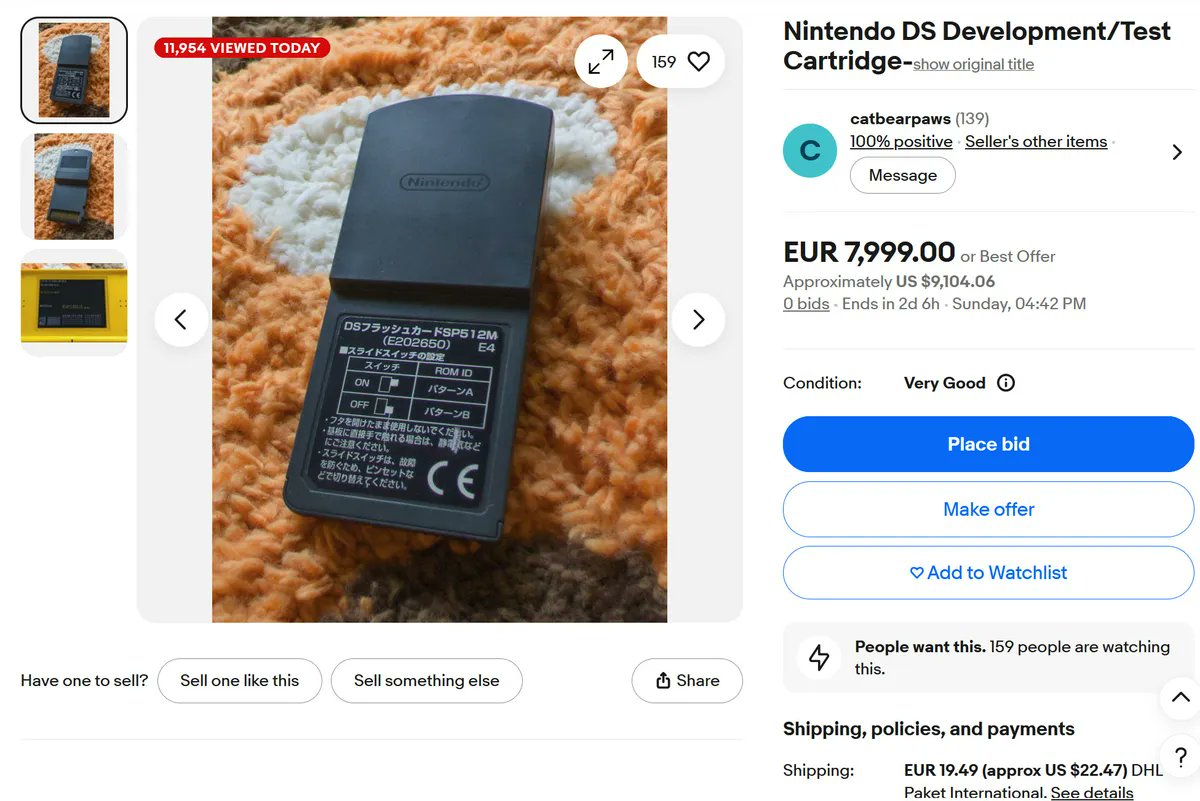 Pirat_Nation's tweet photo. A rare piece of Pokémon history has appeared on eBay.

A Nintendo DS development cartridge believed linked to PokéPark Fishing Contest DS is listed for around $9,100. 

The game was never sold in stores and was only available briefly at Japan’s PokéPark theme park in 2005, where visitors could download it to their Nintendo DS via Download Play.

The game deleted itself after 12 hours or the next time the console was turned off. Players couldn’t keep it, and almost no copies are known to have survived