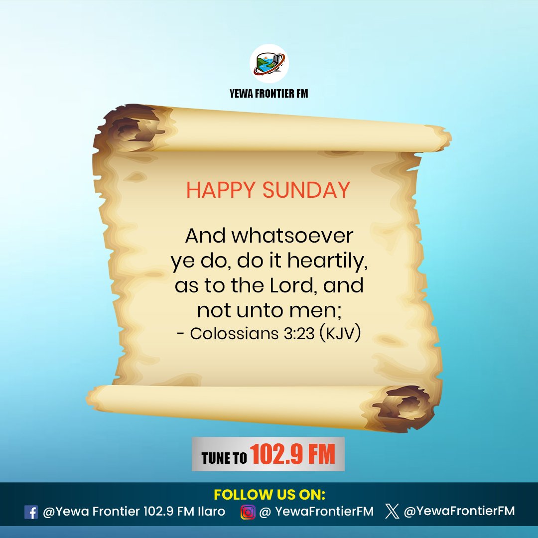 Yewafrontierfm's tweet photo. DO IT HEARTILY AS TO THE LORD!

Like, Follow, &amp; Share.

Tune to YEWA FRONTIER 102.9 FM

#OnAir
#LiveRadio
#RadioLife
#Broadcast
#FollowMe
#FollowTrain
#Yewa
#Ilaro
#YewaLand
#IlaroOgun
#YewaPeople https://t.co/LGgxJirGMN