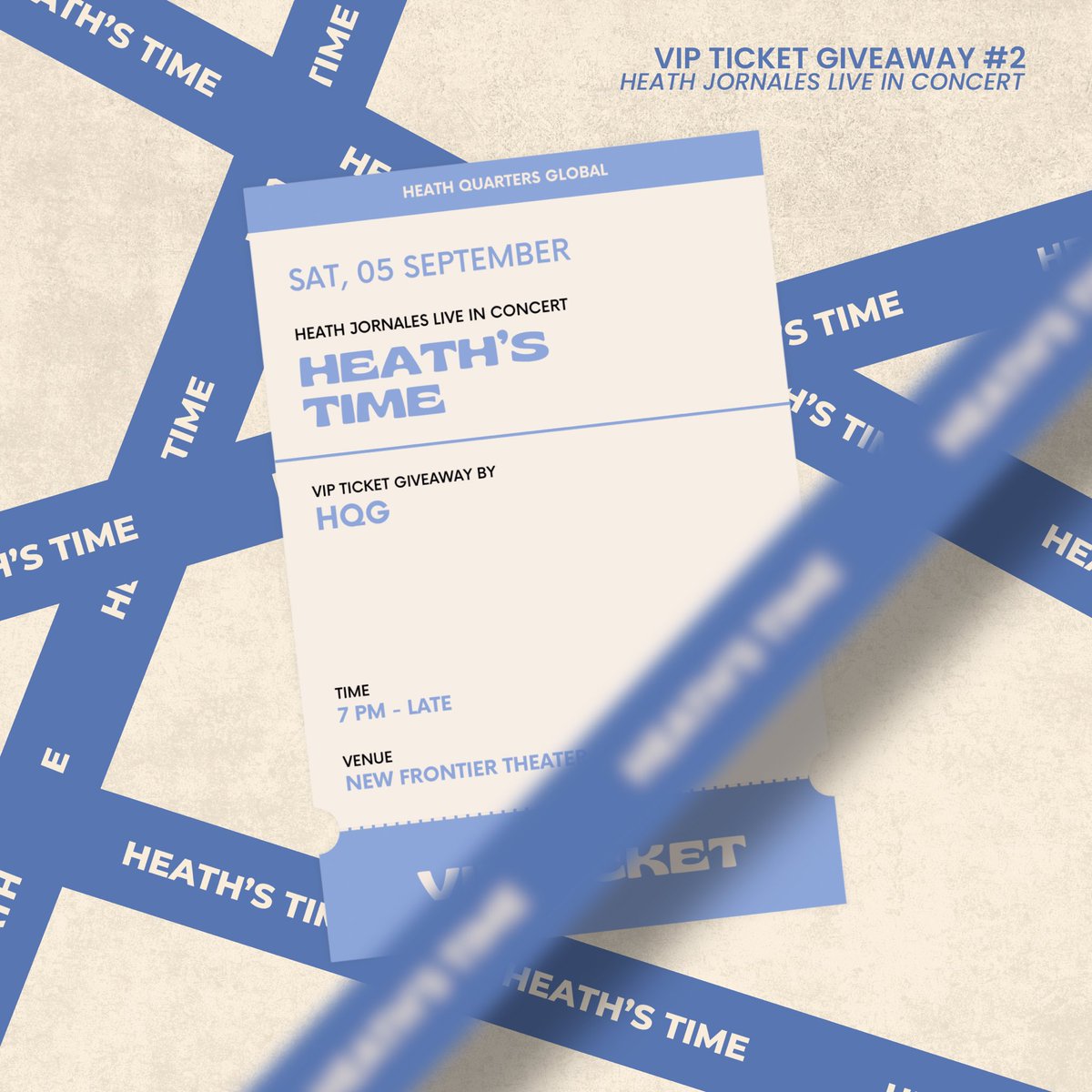 HeathQuarters's tweet photo. HEATH’S TIME TICKET GIVEAWAY

One lucky winner will get the chance to experience HEATH’S TIME with a VIP ticket.

Mechanics:
1. Stream any song(s) from Heath Jornales’ EP. 
2. Submit your streaming proof with the start and end timestamps clearly visible.
3. One (1) valid streaming proof = One (1) raffle entry.

The winner will be selected through a Wheel of Names random draw.

#HeathJornales #HEATHsTIME