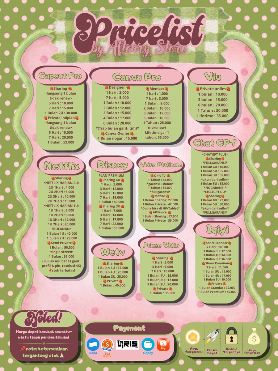 zyoonaa_'s tweet photo. READY‼️ wts wtb all apk premium netflix canva capcut viu disney vidio chatgpt wetv prime iqiyi loklok hbo spotify, etc.

trusted &amp; bergaransi🤩
bisa pay via Qris^^
📱: https://t.co/Ji8AK3F2Qo

#zonauang #zonaba #zonajajan #bealanjaㅤ https://t.co/aKxSin007L