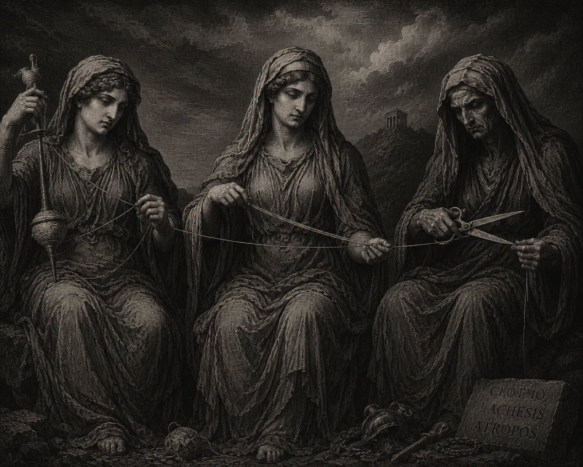 backtrasio's tweet photo. Las Moiras eran las tres divinidades que, según la mitología griega, gobernaban el destino de los seres humanos. Eran hermanas y sus nombres eran Cloto, Láquesis y Átropos. https://t.co/jNbUawk0PU