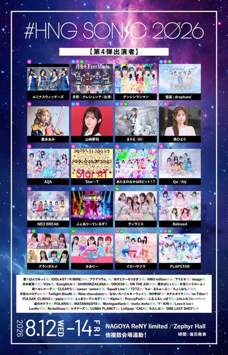 hngjapan's tweet photo. 【拡散希望】
8/12(水)13(木)14(金) NAGOYA ReNY limited / Zephyr Hall / 他複数会場

🚀🚀『#HNGSONIC2026 本祭』🚀🚀

⚡️⚡️第4弾アーティスト発表⚡️⚡️

🌟ルミナスウィッチーズ
🌟月宵◇クレシェンテ（台湾）
🌟テンシンランマン
🌟彗星♩dropTune°
🌟山﨑夢羽
🌟まりえ(45)
🌟西ひより　　他多数⚡️ https://t.co/A3SrTsmFd5