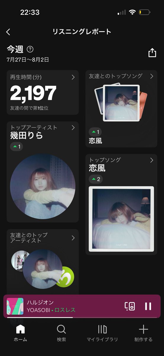 runa_fn3's tweet photo. 今週だけ再生回数すごいことになった
二週間くらい経つと謎ブームがやってきてそれで無限に続いてしまう
今週は幾田りらだけど先週までめっちゃYOASOBI流してたし https://t.co/lzoX5VtnWi
