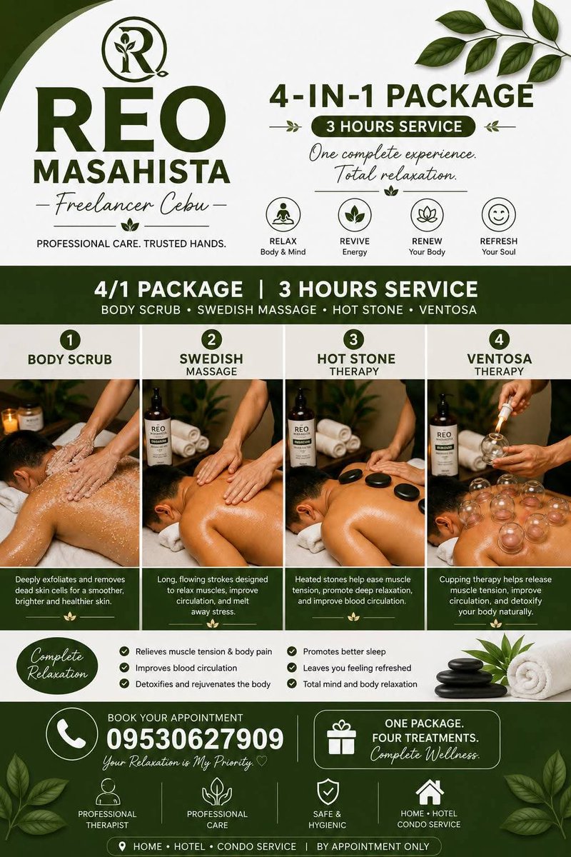 CebuMasahi's tweet photo. 4-in-1 Package | 3 Hours of Total Relaxation 
Body Scrub • Swedish Massage • Hot Stone • Ventosa
Book your appointment today! 📲 09530627909
#FREELANCERCEBU Legit Masahista
#ReoMasahista #FreelanceMasahista #CebuMasahista #BodyScrub #SwedishMassage #HotStone #Ventosa #Massage https://t.co/55TdXJYWVH