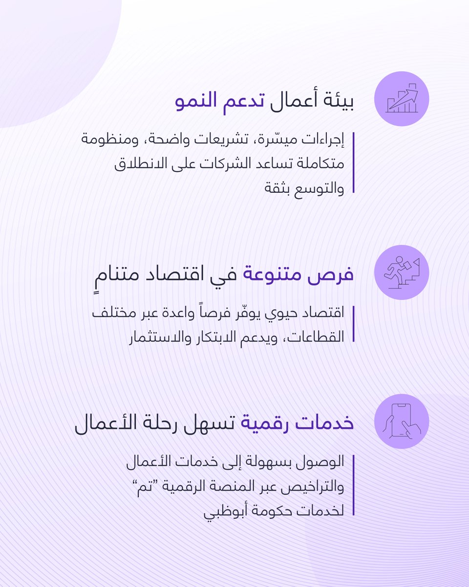 ADRAAbuDhabi's tweet photo. تبدأ مسيرة نمو الأعمال عبر إجراءات ميسّرة، لذلك نُسهم من خلال خدمات التراخيص المبسّطة في تمكين روّاد الأعمال والمنشآت من تأسيس أعمالهم وإدارتها وتنميتها بكل ثقة. 

#أبوظبي #اقتصادية_أبوظبي #سلطة_أبوظبي_للتسجيل https://t.co/H7Am6FZKV4