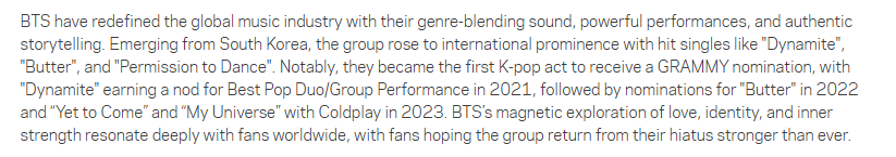 EgosShadow7's tweet photo. It seems that BTS Grammy webpage was modified in May 2026. In the 'About' information they call BTS 'Asian Pop Artists' 🙄

Before                                        After https://t.co/3jLH0wzUfV