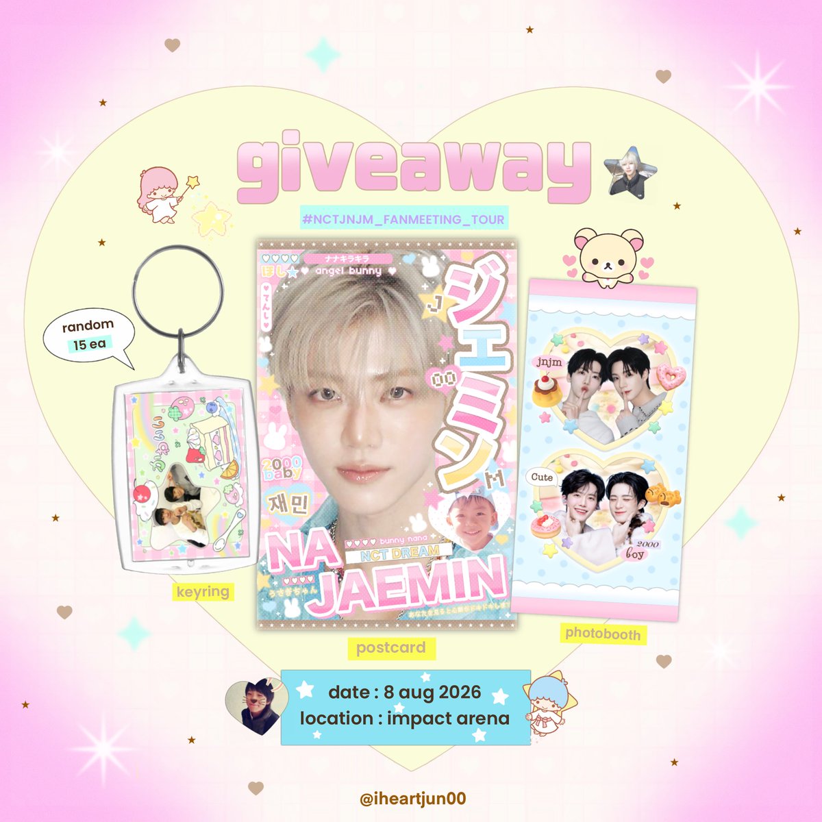 iheartjun00's tweet photo. pls kindly rt  ♪。

⟡ · ˳giveaway nct jnjm <3 
☘️postcard  jaemin 25 ea
keyring random 15 ea
photobooth 25 ea
📆 date : 8 aug 26 / time : tba 
♥︎ location : impact arena 💘

🎼 rt + show this tweet 

#NCTJNJM_FANMEETING_TOUR #NCTJNJM_FANMEETING_TOUR_DUALITY https://t.co/0DJA4aU3kW