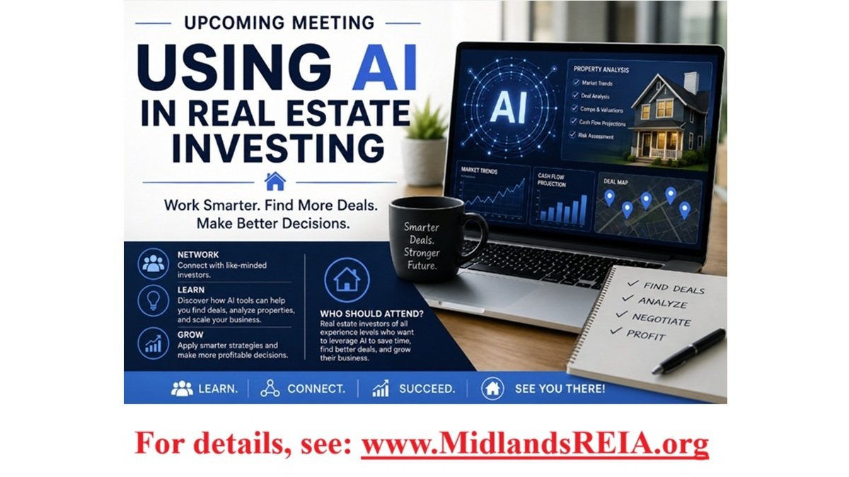 MidlandsREIA's tweet photo. https://t.co/E9lUiZXZMX
August 12 (Wednesday) Artificial Intelligence uses in #RealEstateInvesting at the #MidlandsREIA #investments #ColumbiaSC #LexingtonSC #SCTweets #RealEstateInvesting https://t.co/LUsMSHVSok