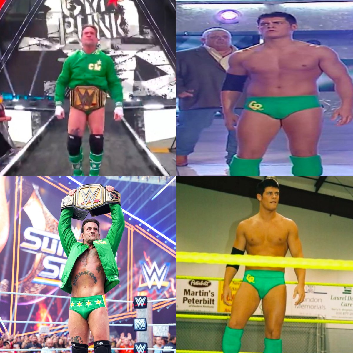ArtOfCody94's tweet photo. I had the realization last night that Punks green and yellow gear was a throwback to when Cody first debuted in the wrestling scene with green gear with his initials CR in yellow.
This was also the same year they first met in 2007. Punk brought back memories. 
#SummerSlam #CMPunk #CodyRhodes