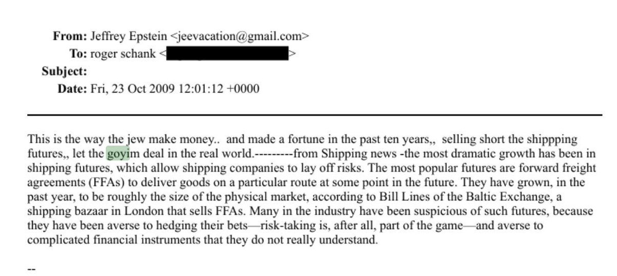 OwenShroyer1776's tweet photo. @RickyTheGuido Never forget this Epstein email about shipping. https://t.co/jCJppU5KsX