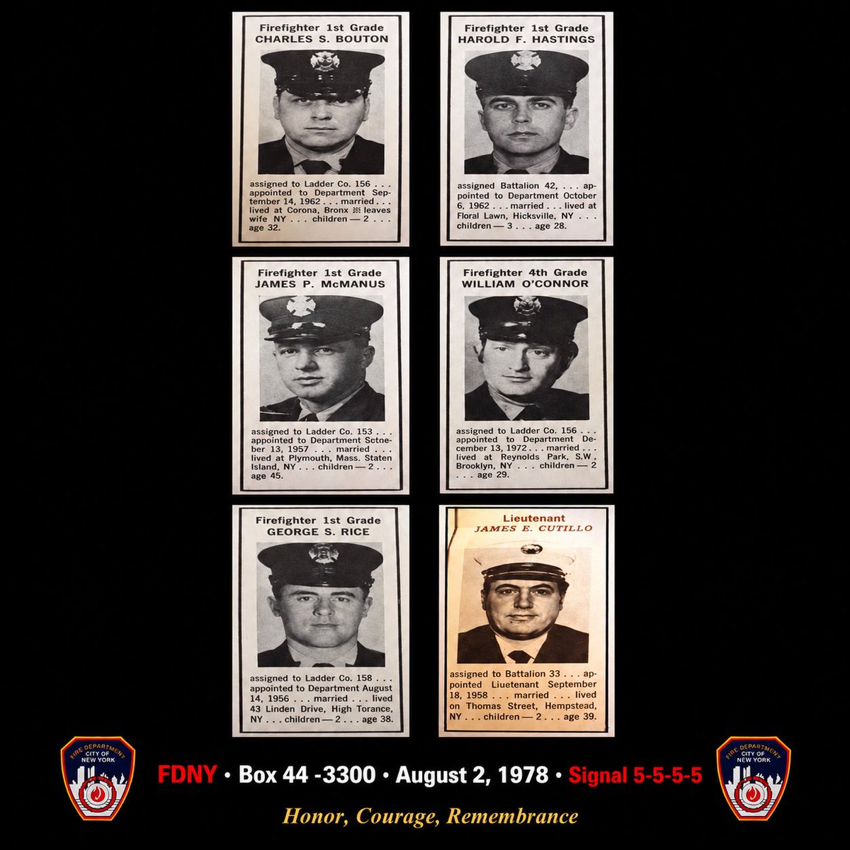 UFANYC's tweet photo. Today we remember the six FDNY firefighters who made the ultimate sacrifice in the tragic Waldbaums fire in Brooklyn.

Lt. James E. Cutillo, FF Harold F. Hastings, FF James P. McManus, FF George S. Rice, FF Charles S. Bouton, and FF William O’Connor lost their lives when the https://t.co/EPRuSSVYd3