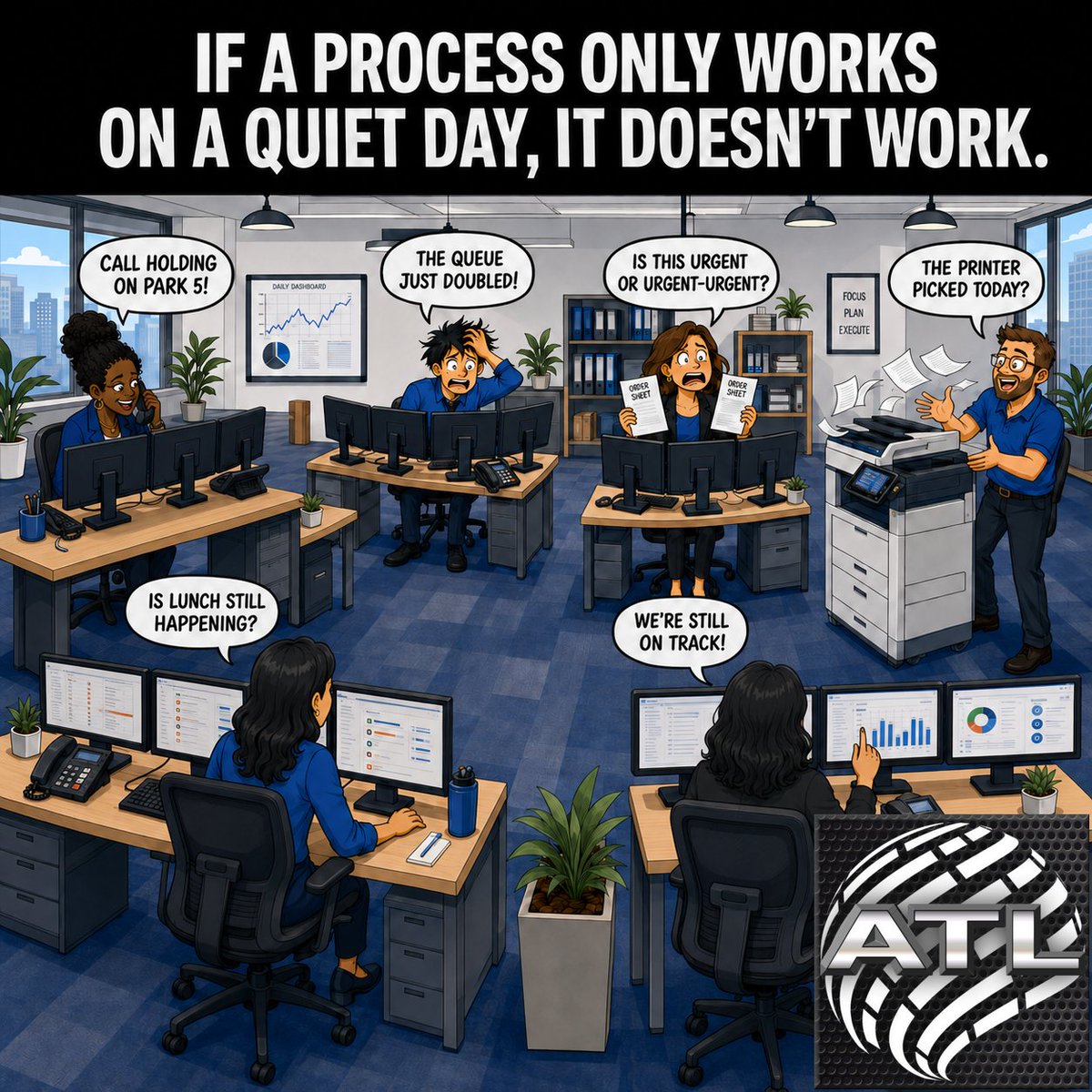 AuroraTechLabs's tweet photo. Every workplace has its own version of "Crazy Day"
The queue climbs, calls stack up, you're buried, and someone still asks whether lunch is happening.
Quiet days give you time to improve the process. Busy days show whether it actually works.
#AuroraTechLabs #ProcessImprovement https://t.co/a0j3MB3HZi