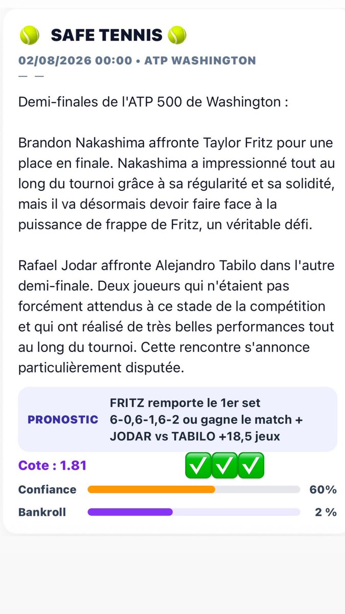 YAYA__PRONOS_'s tweet photo. SAFE TENNIS 🎾 

FRITZ GAGNE +
JODAR VS TABILO +18.5 jeux ✅✅✅

COTE : 1.80 📊

BANKROLL : 2% ⭐️⭐️

CONFIANCE : 60% 💪🏻

#teamparieur #pronos #betify #betclic #football  #winamax #crypto #trump  #argent #trading #money #tennis #atp #viral #pourtoi https://t.co/JLJ7bIjlR2