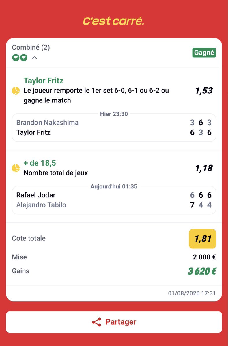 YAYA__PRONOS_'s tweet photo. SAFE TENNIS 🎾 

FRITZ GAGNE +
JODAR VS TABILO +18.5 jeux ✅✅✅

COTE : 1.80 📊

BANKROLL : 2% ⭐️⭐️

CONFIANCE : 60% 💪🏻

#teamparieur #pronos #betify #betclic #football  #winamax #crypto #trump  #argent #trading #money #tennis #atp #viral #pourtoi https://t.co/JLJ7bIjlR2