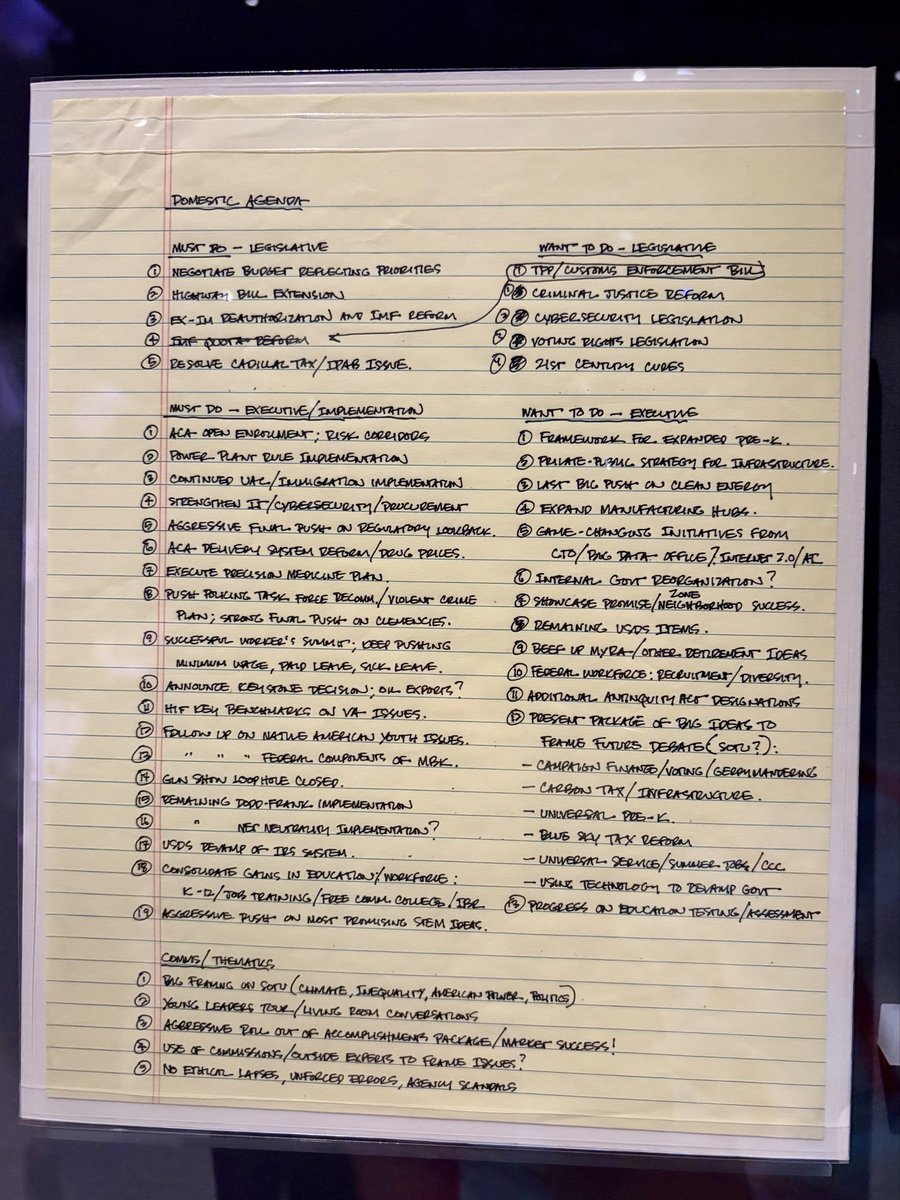 mmcassella's tweet photo. Hanging in the Obama Presidential Center is this handwritten list of the former president’s 2015 domestic agenda. You’ll notice he moves the TPP trade pact from the “want to do” column to “must do.” A relic from a bygone era. https://t.co/WGt293o9Wg