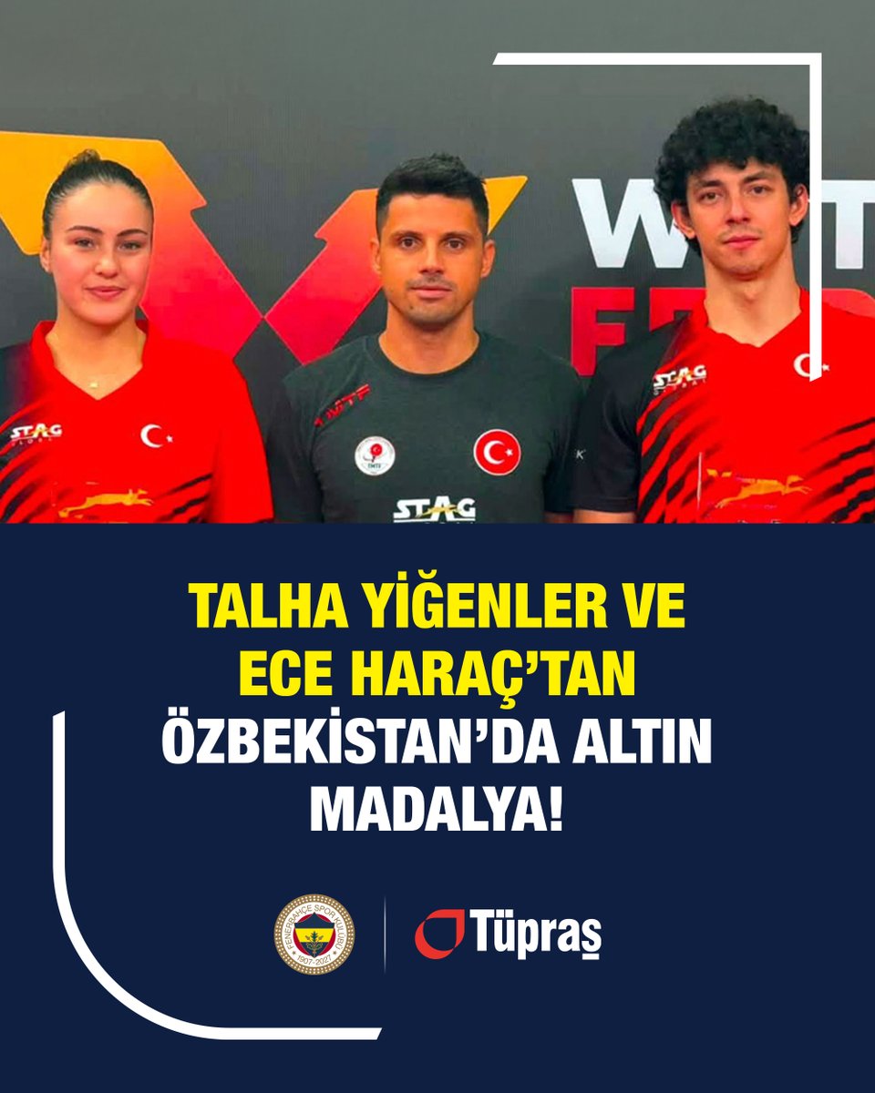 tupras's tweet photo. Tüpraş olarak gururla desteklediğimiz Fenerbahçe olimpik branşlardaki millî sporcularımız ülkemize uluslararası başarılar kazandırmaya devam ediyor.
 
Masa tenisinde millî sporcularımız Abdullah Talha Yiğenler ve Ece Haraç, WTT Feeder Tashkent 2026 Turnuvası’nda yarıştıkları karışık çiftler kategorisinde altın madalyanın sahibi oldu.
 
U23 Dünya Kürek Şampiyonası'nda ise milli sporcularımız Alper Şevket Eren ile Halil Kaan Köroğlu ikilisi iki çifte (BM2X) kategorisinde dünya altıncısı oldu.
 
Ülkemizi gururlandıran tüm millî sporcularımızı ve antrenörlerimizi tebrik ediyor, başarılarının devamını diliyoruz.
 
@Fenerbahce