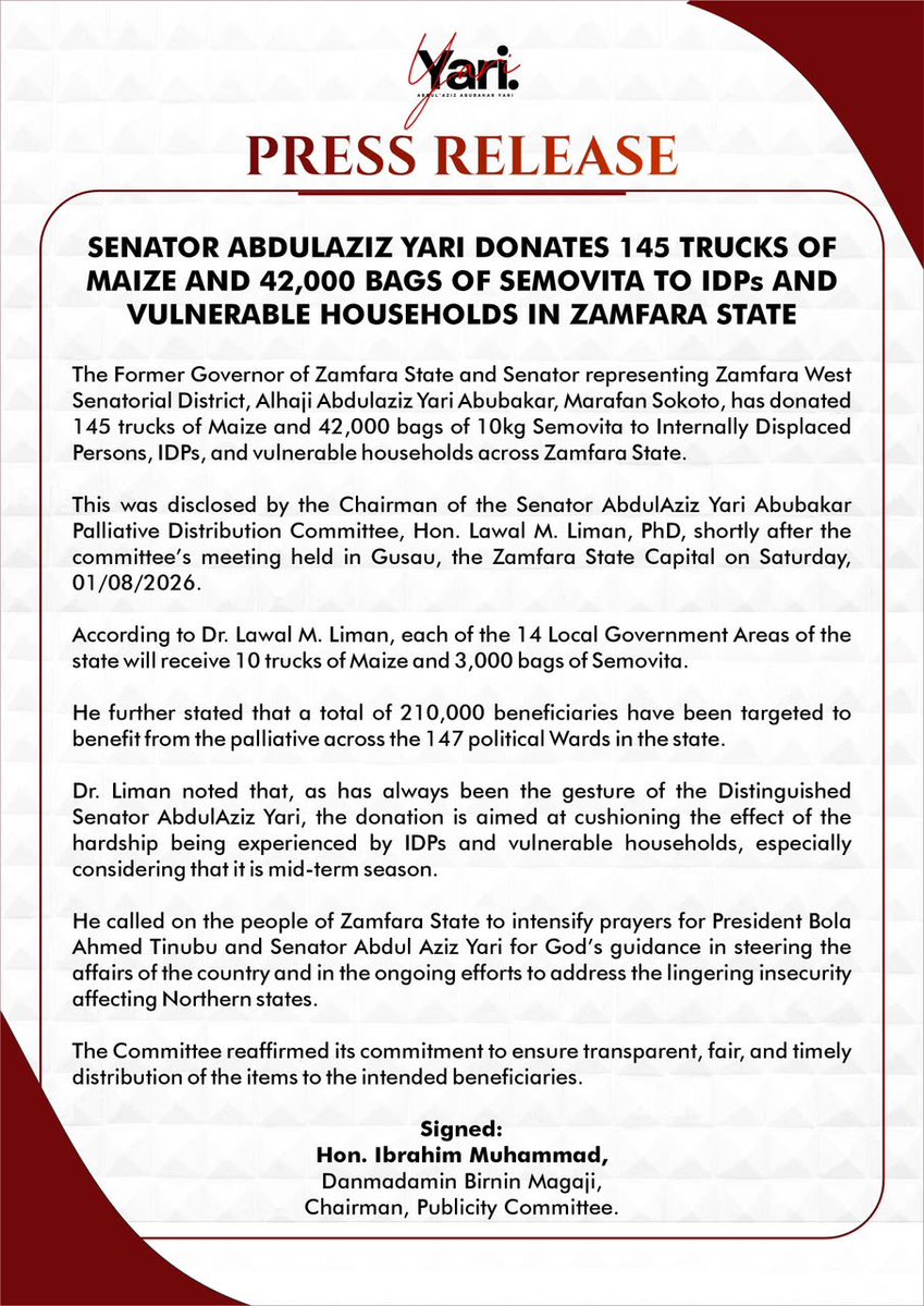 VShadowRise's tweet photo. While many people focus on politics, Senator Abdulaziz Yari continues to concentrate on people. The donation of food items to thousands of households reflects years of consistent support for farmers, traders, women, and vulnerable members of society. https://t.co/bvvuDAMNqF