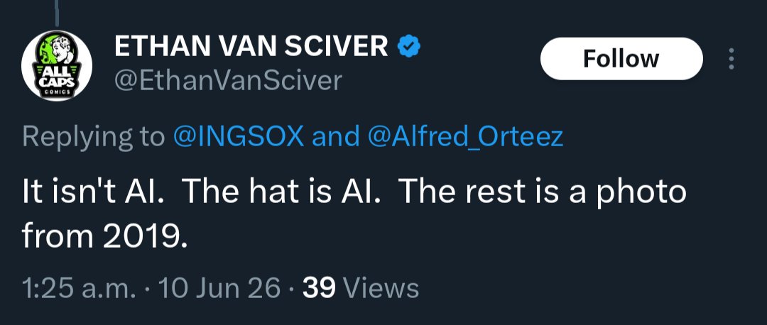 Alfred_Orteez's tweet photo. Fat disgrace Ethan Van Sciver using AI generated images πππ
He says the image is just from 2019, as if we didn't see him on stream being fat as fuck back then πππ
#comicsgate #allcapscomics https://t.co/2CqmPaMCTn