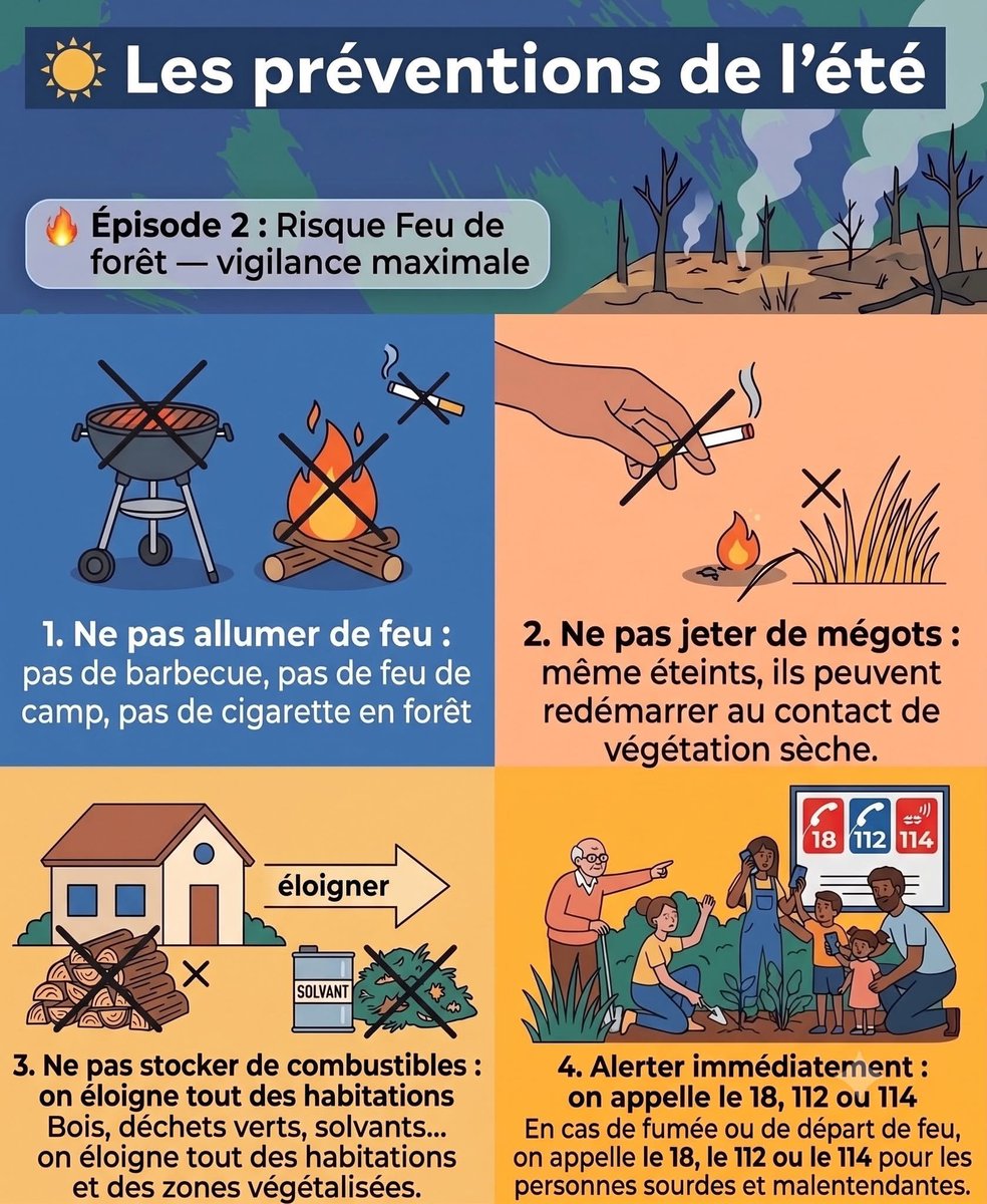 GuillaumeDehaez's tweet photo. 🌞 Mini‑série été — épisode 2
Risque Feux de forêt : vigilance maximale.

🔥 9 feux sur 10 sont d’origine humaine.

Adoptons 4 bons réflexes :
- On n’allume rien,
- On ne jette rien,
- On n’entrepose rien,
- Au moindre doute : 18 / 112 / 114.

#Tours #PréventionÉté #FeuxDeForêt https://t.co/c3BiaQBF6R