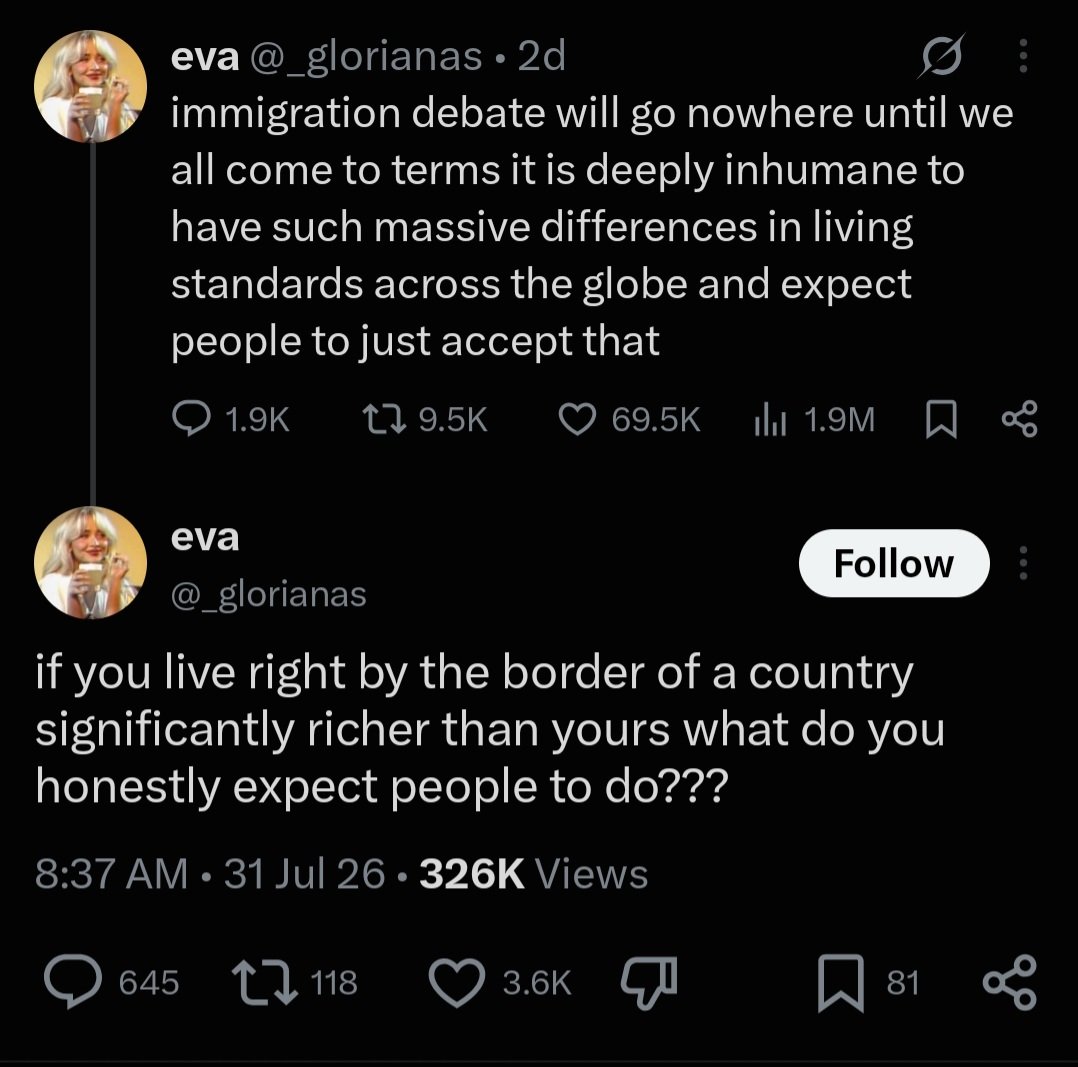 TheLaurenChen's tweet photo. It's refreshing to finally have some honesty from the open-borders side.

This wave of mass migration isn't about fleeing war or famine or extreme poverty.

It's about redistribution.

The third-world wants what the western world built.

That's it. https://t.co/3edSNQcuDn