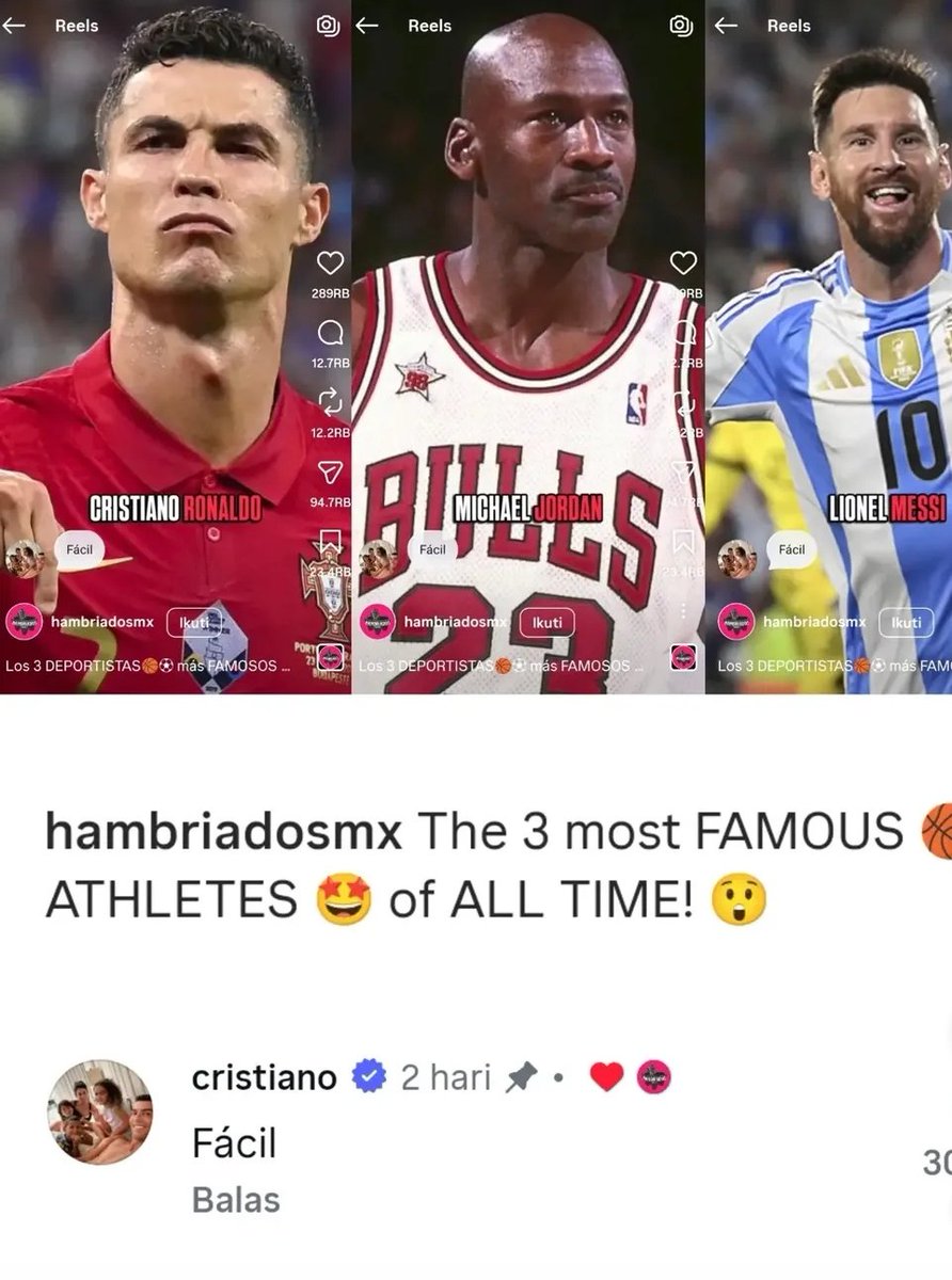 kaartikfooty's tweet photo. 🇵🇹 Social media buzz: Cristiano Ronaldo went viral after posting a one-word comment on an Instagram reel calling him the "most famous athlete in history," sparking widespread discussion among fans.#CristianoRonaldo
#Ronaldo
#CR7
#GOAT
#Siuuu
#CR7Fans
#AlNassr
#Portugal
#Football https://t.co/V1xfCJTuKT