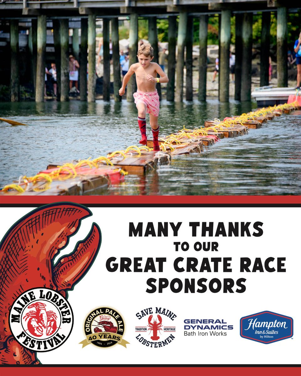 MELobsterFest's tweet photo. The International Great Crate Race starts at 2 p.m. today. Last year's champion, Maverick Ausplund of Rockland, ran 3,580 crates to secure the win!

A big thank you to sponsors @gearybrewing, @mainelobstermen, @GDBIW, and Hampton Inn &amp; Suites. https://t.co/x6jWBVkfLp