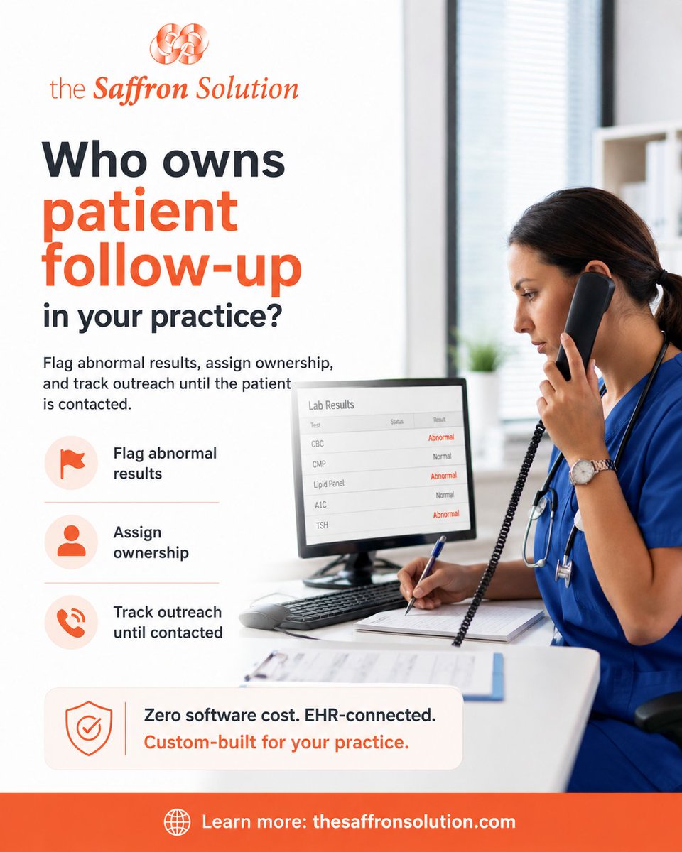 Saffron_Soln's tweet photo. Flag abnormal results, assign clear ownership, and track every patient outreach—without replacing your EHR.

Zero software cost. EHR-connected. Custom-built.

https://t.co/s6SX1wHms2

#PatientFollowUp #PatientSafety #MedicalPractice #EHRIntegration #TheSaffronSolution https://t.co/w03oTLYUFr