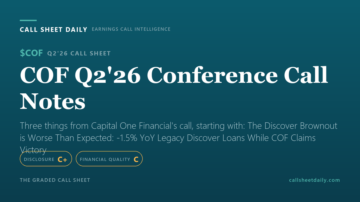 SF_trdr's tweet photo. $COF Q2'26 earnings call, graded.

Disclosure C+ | Financial Quality C

The Discover Brownout is Worse Than Expected: -1.5% YoY Legacy Discover Loans While COF Claims Victory...

The call sheet https://t.co/ujLgtdVbi2
