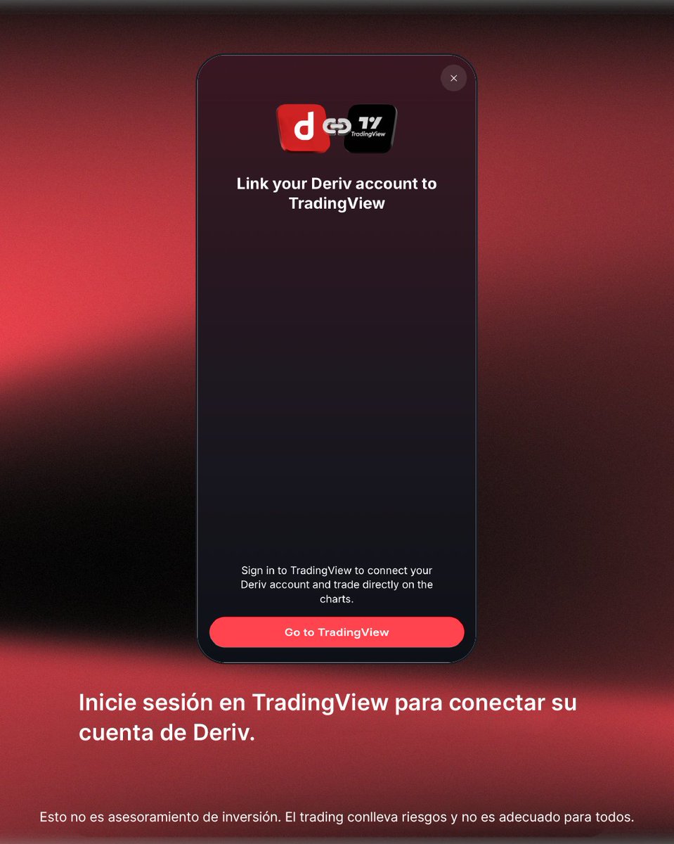 DerivEspanol's tweet photo. ¡Experimenta el trading de una manera totalmente nueva! 🤩

Vincule su cuenta de Deriv con TradingView para disfrutar de gráficos avanzados, ejecución fluida y acceso al mercado—todo en una potente plataforma.

¿Listo para llevar tu estrategia al siguiente nivel? Conéctate hoy y descubre la diferencia. 🙌

#Deriv #TradingView #AdvancedTrading #Fintech #SmarterTrading

Esto no es asesoramiento de inversión. El trading conlleva riesgos y no es adecuado para todos.