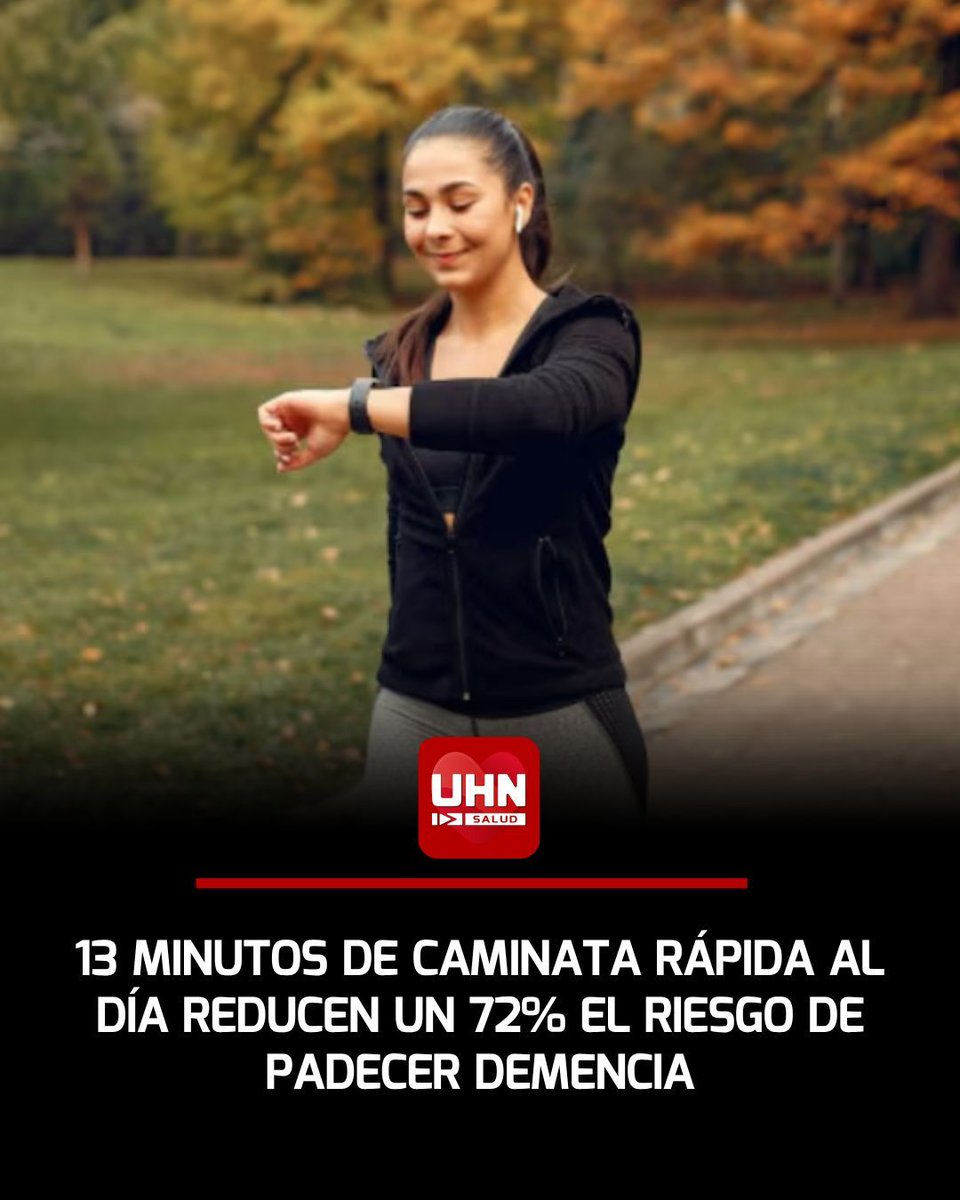 UHN_Plus_Salud's tweet photo. 🩺‼️ | Un estudio con 66.000 personas publicado en Translational Psychiatry reveló que realizar una caminata continua de 13 minutos a paso ligero reduce un 72% el riesgo de demencia, demostrando que hacer ejercicio sin interrupciones también combate la depresión y la ansiedad. https://t.co/KQuXp8j3Wc