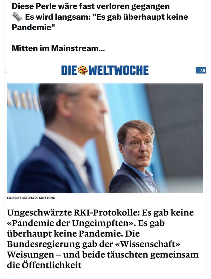 ChantalStadelm1's tweet photo. GEGEN DAS VERGESSEN ‼️
Bericht vom 28.07.⚡2024⚡
ES GAB KEINE PANDEMIE #Covidgesetz #Notrecht #Willkürmasdnahmen
https://t.co/fvyxVB7IVZ… https://t.co/97o01Wx9Vd
