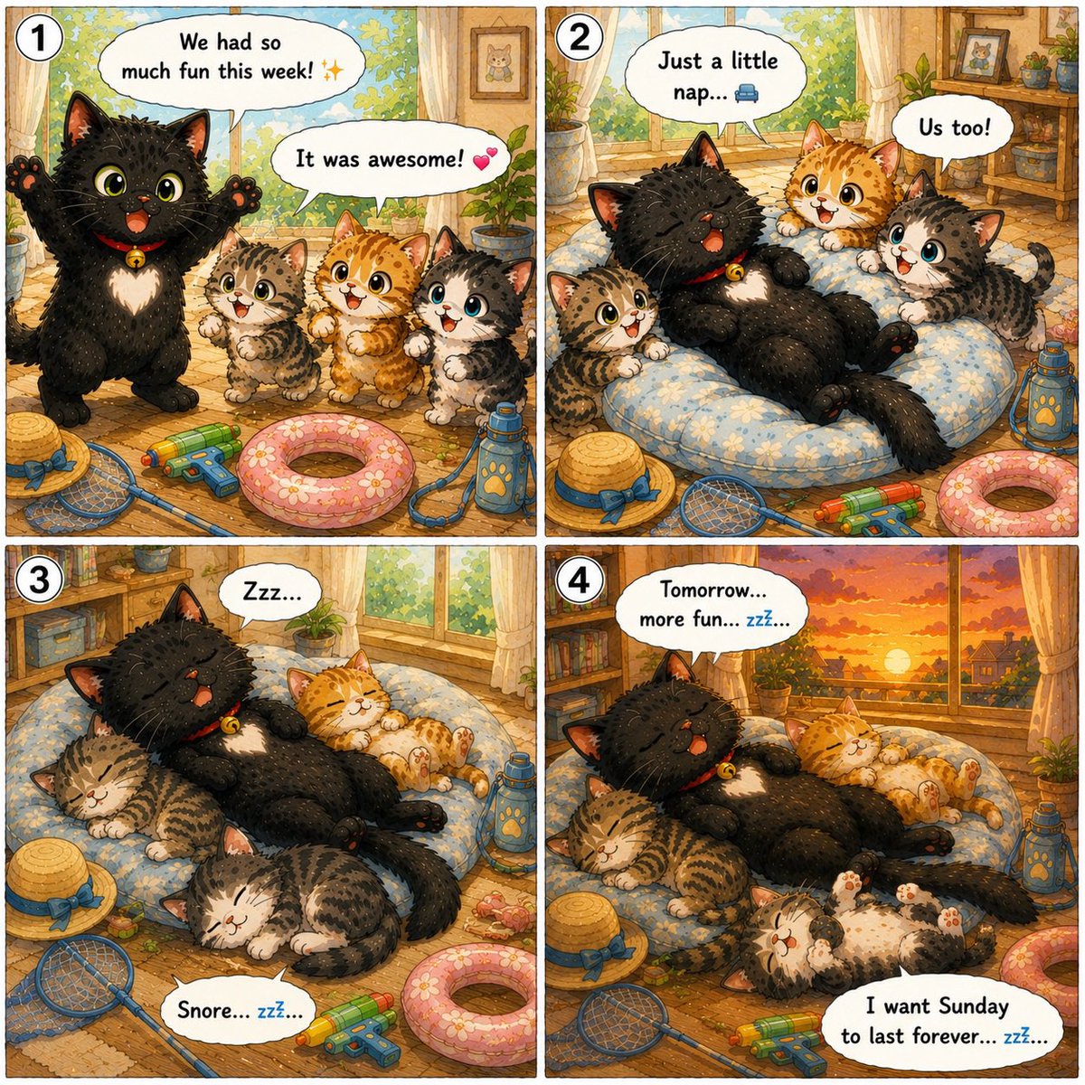 jun_blair_melon's tweet photo. Good Meowning~ 🐈‍⬛✨ What a fun-filled week! 🐾💕 Just a little nap turned into an all-day snooze... I want Sunday to last forever... zzz... 💤

#KuroTheCat #CatComic #FourPanelComic #SundayMood #CozyCat https://t.co/dLZkMf3Qrq