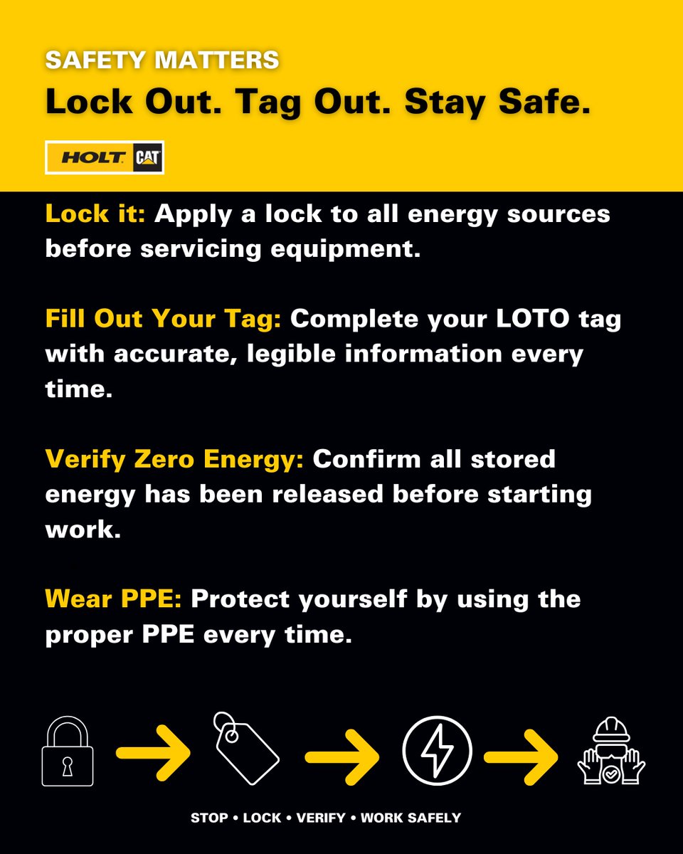 HOLT_CAT's tweet photo. Before servicing equipment, make safety your first priority. Lock every energy source, complete your tag, verify zero energy, and use the proper PPE. Following the Lock Out, Tag Out process helps create a safer workplace for everyone.

#SafetySunday #HOLTCAT https://t.co/29HssPJh71