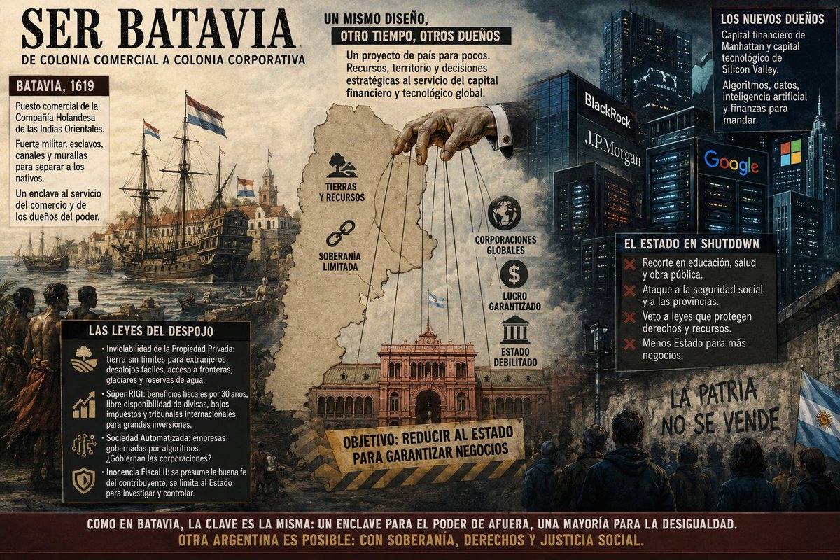 Lupo55's tweet photo. Se profundiza la «campaña antiargentina»: Seis proyectos para dejar de ser un país – el blog de Artemio López 

La campaña antiargentina que lleva adelante el gobierno nacional pisa el acelerador cada día. El artículo "Ser Batavia" plantea una tesis central: el gobierno de Javier Milei no estaría impulsando únicamente un programa de ajuste económico, sino una transformación estructural del Estado argentino orientada a subordinar el país a los intereses del capital financiero y tecnológico global. La referencia a Batavia —la antigua capital de las Indias Orientales Holandesas, hoy Yakarta— funciona como metáfora de una colonia administrada en beneficio de corporaciones extranjeras antes que de su propia población.

Desde esa perspectiva, el autor sostiene que existe una arquitectura legislativa coherente integrada por el DNU 70/23, la Ley Bases, las reformas fiscales, laborales y ambientales, y una nueva serie de proyectos de ley que profundizarían ese rumbo. El argumento es que estas iniciativas no son medidas aisladas, sino partes de un mismo programa destinado a reducir la capacidad regulatoria del Estado, favorecer la concentración económica y garantizar rentabilidad al gran capital internacional.

Uno de los ejes más importantes del texto es la cuestión de la tierra y los recursos naturales. El proyecto de "Inviolabilidad de la Propiedad Privada" es presentado como un mecanismo para eliminar límites a la compra de tierras por extranjeros, facilitar el acceso a zonas de frontera, glaciares y reservas de agua, y debilitar la protección jurídica de comunidades indígenas, campesinos e inquilinos rurales. El artículo interpreta estas reformas como un nuevo ciclo de extranjerización del territorio argentino.

En la misma dirección ubica al denominado Súper RIGI, que ampliaría los beneficios otorgados a grandes inversiones en minería, inteligencia artificial, centros de datos, semiconductores y energías renovables. Según el texto, la combinación de estabilidad fiscal por treinta años, libre disponibilidad de divisas, baja carga tributaria y posibilidad de acudir al CIADI consolidaría un régimen excepcional favorable a grandes conglomerados internacionales.

Otro aspecto novedoso es la crítica a la propuesta de crear una "sociedad automatizada", es decir, una persona jurídica administrada por algoritmos. El artículo contrapone esa iniciativa con la posición de la Organización Mundial de la Propiedad Intelectual y cita la advertencia atribuida al historiador israelí Yuval Noah Harari, según la cual Buenos Aires correría el riesgo de convertirse no en una nueva Ámsterdam sino en una nueva Batavia: un espacio gobernado crecientemente por corporaciones tecnológicas antes que por instituciones democráticas.

También ocupa un lugar destacado la crítica a la denominada Inocencia Fiscal II, que, según el autor, invierte la carga de la prueba en materia tributaria y limita las capacidades de fiscalización del Estado, al tiempo que amplía beneficios para grandes patrimonios y funcionarios públicos.

Respecto del sistema financiero, el artículo sostiene que las modificaciones proyectadas para la Carta Orgánica del Banco Central apuntan a consolidar un esquema donde los bancos financian crecientemente al Tesoro mediante instrumentos como LECAP y BONCAP. El texto cuestiona la idea oficial de independencia monetaria y afirma que el sistema financiero destina una porción sustancial de su capacidad crediticia al financiamiento de la deuda pública antes que a la economía productiva.

Finalmente, el artículo interpreta la política de recortes presupuestarios, paralización de obra pública y vetos presidenciales como una estrategia de "shutdown" del Estado. En lugar de limitarse al equilibrio fiscal, el objetivo sería reducir permanentemente las funciones estatales en educación, salud, infraestructura, previsión social y federalismo fiscal.

El texto ofrece una interpretación coherente basada en la teoría de la dependencia y en los enfoques sobre financiarización del capitalismo. Su principal fortaleza consiste en vincular distintas reformas dentro de un mismo proyecto político, en lugar de analizarlas aisladamente.

En este sentido, la metáfora de Batavia resulta potente porque resume la hipótesis central del artículo: la Argentina estaría transitando desde un modelo de Estado nacional hacia otro donde las decisiones estratégicas sobre recursos naturales, infraestructura, sistema financiero y desarrollo tecnológico quedan crecientemente condicionadas por intereses corporativos transnacionales, mientras disminuye la capacidad soberana de las instituciones democráticas para regular esos procesos. ¿Se van entendiendo los alcances de "la campaña antialgentina"?☹️
https://t.co/IhhsEE3ouW