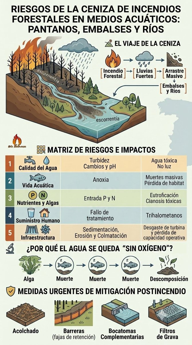 El_Batefuegos's tweet photo. ¿Que pasa cuando las cenizas de un #IIFF alcanzan un #Pantano un #Embalse o un #Rio?

La ceniza de los #IncendiosForestales altera drásticamente el agua al modificar su química, elevar la turbidez, destruir ecosistemas acuáticos y complicar su potabilización.

Cuando las lluvias o otras condiciones arrastran los residuos quemados hacia los ríos, embalses y pantanos, se desencadena una crisis ambiental y de suministro.

A continuación se detalla cómo afecta este fenómeno a los cuerpos de agua:

1. Alteración química del agua:
-Picos de nutrientes: 
La ceniza es rica en fósforo y nitrógeno. Al entrar al agua, actúa como un fertilizante masivo.
-Eutrofización: 
El exceso de nutrientes provoca la multiplicación descontrolada de algas y cianobacterias.
-Caída del oxígeno: 
Al morir y descomponerse las algas, consumen el oxígeno disuelto, provocando la asfixia de peces.
-Cambios de pH: 
La disolución de compuestos alcalinos de la ceniza altera temporalmente el pH natural del agua.

2. Impacto físico y turbidez
-Bloqueo de luz: 
Las partículas en suspensión oscurecen el agua, impidiendo que la luz solar llegue a las plantas acuáticas.
-Sedimentación: 
La ceniza y el suelo erosionado se asientan en el fondo, colmatando los embalses y reduciendo su capacidad de almacenamiento.
-Destrucción de hábitats: 
El lodo negro cubre las zonas de desove de los peces y sepulta a los macroinvertebrados bentónicos.

3. Contaminación por metales y tóxicos
-Liberación de metales: 
El fuego moviliza metales pesados retenidos en el suelo y la vegetación, como el mercurio, hierro, manganeso y aluminio.
-Bioacumulación: 
Estos metales entran en la cadena alimentaria acuática, amenazando a la fauna y, potencialmente, la salud humana.

4. Desafíos en la potabilización del agua
-Saturación de filtros: 
La alta turbidez obstruye rápidamente los sistemas de filtrado de las plantas de tratamiento.
-Subproductos cancerígenos: 
Al tratar agua con alta materia orgánica utilizando cloro, se pueden formar trihalometanos, compuestos regulados por su toxicidad.
-Sabores y olores: 
El agua adquiere cualidades organolépticas desagradables (sabor a ahumado o tierra) difíciles de eliminar.

Las técnicas de contención tras un incendio forestal buscan frenar la erosión del suelo y evitar que la ceniza llegue a los ríos y embalses. 
Estas acciones se conocen como tratamientos de emergencia post-incendio o estabilización en zonas quemadas.

Las principales herramientas se dividen según su aplicación en el terreno:

1. Barreras físicas en laderas (Control de erosión)
-Cordones de madera: 
Se colocan troncos quemados horizontalmente siguiendo las curvas de nivel para frenar el agua y retener el suelo.
-Fajinas de paja o bionetas: 
Rollos de paja o fibras de coco que se entierran parcialmente en la ladera para filtrar la escorrentía.
-Barreras de sedimentos: 
Telas geotextiles permeables sujetas con postes que retienen la ceniza y el lodo pero dejan pasar el agua limpia.

2. Cubiertas protectoras (Mulching o Acolchado)
-Mulching de paja: 
Se esparce paja de cereal (libre de semillas adventicias) a mano o en helicóptero para cubrir el suelo desnudo.
-Acolchado de astillas: 
Uso de residuos de madera triturada que pesan más y resisten mejor el viento en zonas expuestas.
-Helimulching: 
Aplicación aérea de estos materiales en zonas escarpadas, inaccesibles para las brigadas de tierra.

3. Técnicas en el cauce de los ríos
-Diques de retención: 
Pequeñas presas temporales hechas de troncos, piedras o sacos de arena para frenar la velocidad del agua en los arroyos.
-Barreras flotantes: 
Plumas absorbentes o de contención (similares a las usadas en vertidos de petróleo) que atrapan la ceniza flotante en embalses.
-Filtros de grava: 
Barreras permeables en puntos críticos que capturan sedimentos gruesos antes de que entren a la red principal de agua.

4. Bioingeniería y restauración vegetal
-Siembras de urgencia: 
Dispersión manual o aérea de semillas de crecimiento rápido (gramíneas o leguminosas) para fijar el suelo con sus raíces.
-Hidrosiembra: 
Proyección a presión de una mezcla de agua, semillas, fertilizantes y un fijador que se adhiere al terreno dañado.