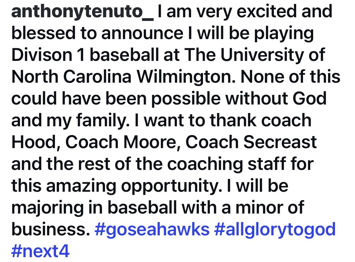 anthonytenuto_'s tweet photo. COMMITTED!! 100%

#goseahawks #AGTG #next4 #committed #collegebaseball 

@UNCWBaseball @CoachHood17 @ChrisGMoore9 @ksecrest13 https://t.co/KsBEqpqOca