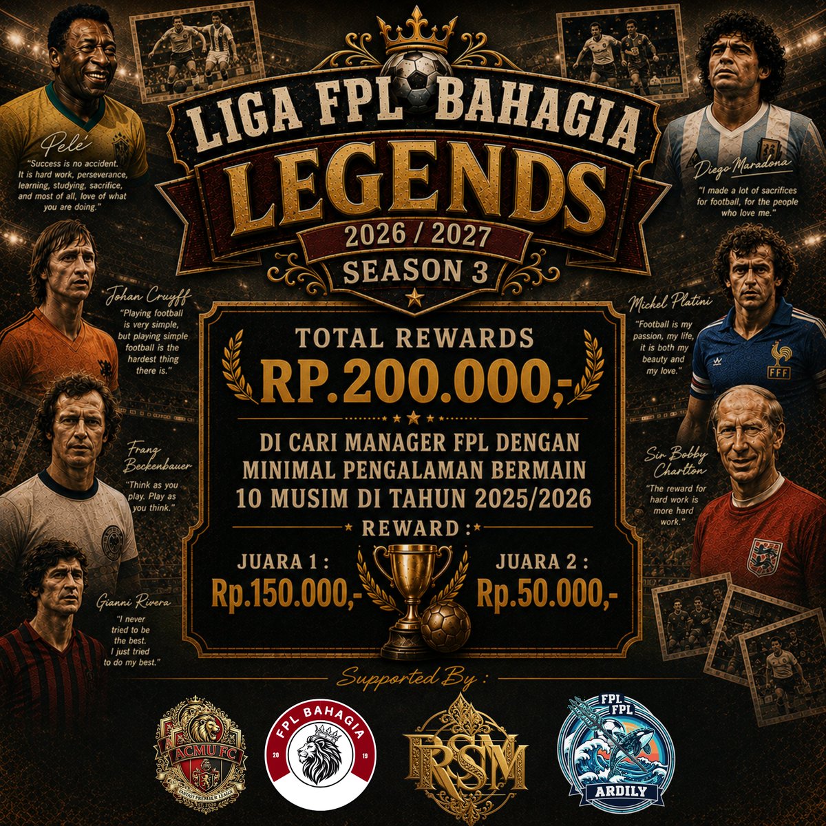 fplbahagia's tweet photo. LIGA FPL BAHAGIA LEGENDS 2026/2027 SEASON 3

💰 TOTAL HADIAH Rp200.000,- 💰

😎 DI CARI MANAGER MINIMAL 10 MUSIM BERMAIN FPL DI TAHUN 2025/2026 😎

 KODE LIGA CONTACT ADMIN ⬇️
https://t.co/fDqqe7tMrP

🔄❤️ repost & like appreciated

@pisangij01
@FPL_sieltam
@LigaBRFI
@hatihatidiFPL
@FLOA62

#FPLBAHAGIA #FPL #FPLCOMMUNITY