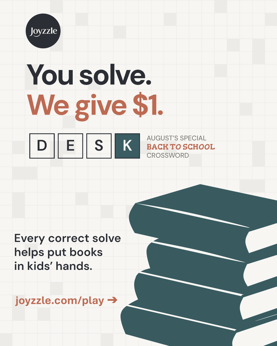 Joyzzle__'s tweet photo. You pack the lunchbox. We'll fill the backpack. 🎒 DESK is our back-to-school #crossword: every correct solve donates $1 to help put brand-new books in kids' hands. Your 10-minute give-back-homework. https://t.co/EsKGRbhP4W
