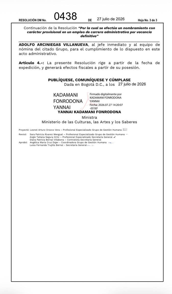PaolaHolguin's tweet photo. Le recuerdo a la Ministra de Cultura su propia Resolución DM No. 0438 del 27 de julio de 2026 —publicada en la página del Ministerio, no en ninguna conversación de empalme— donde nombra a Gustavo Adolfo Arciniegas Villanueva como Profesional Especializado Código 2028 Grado 15, en nombramiento provisional, justificado precisamente porque "no existen listas de elegibles". Es decir: no hubo concurso de méritos. ¿Nos puede decir cuándo fue ese concurso que menciona?

Y ya que habla de transparencia: en las conversaciones sostenidas entre su Secretaria General y una de las personas del empalme no se trataron temas de talento humano —pregúntele a su secretaria— se habló de infraestructura y de proyectos específicos.

Dato mata relato