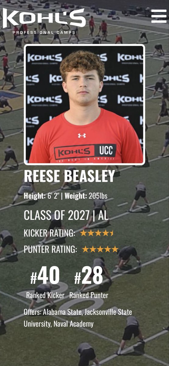 ReeseBeasley08's tweet photo. 1 of 10 in 🇺🇸 to be ranked Top 50 in both kicking and punting @KohlsKicking 
Senior season loading 
Go Dawgs
#DawgsOnly #TLK #Combo
@footballopelika @CoachJC16 @JamieFerguson10 https://t.co/DX4Vr8FzRT