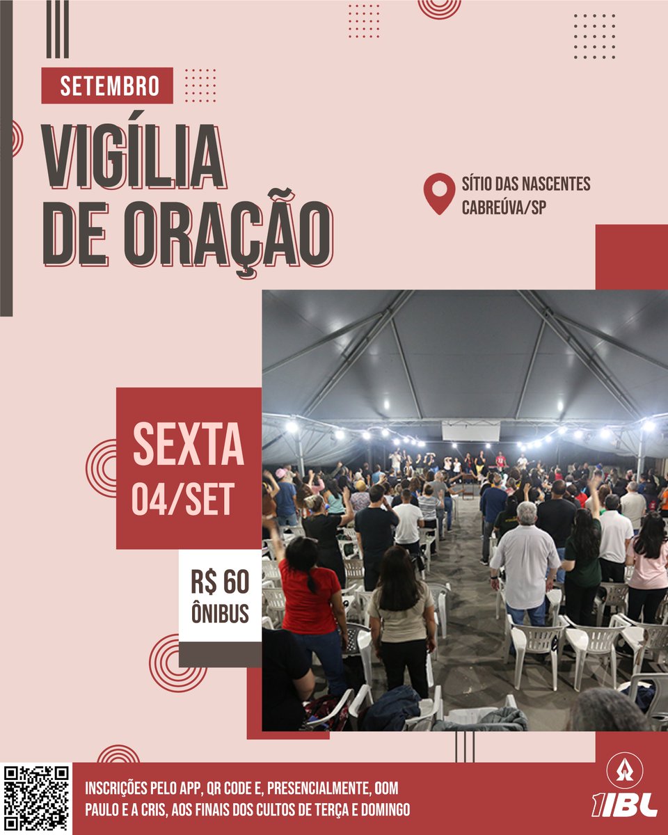 1iblapa's tweet photo. 🕊️ Vigília – Oração, Louvor e Adoração! 🙌✨

Vamos buscar a presença de Deus juntos! 🙏🔥 No dia 04/09 (sexta-feira), teremos a Vigília de Oração, Louvor e Adoração, no nosso Sítio das Nascentes, em Cabreúva/SP. 

Será uma noite especial de rendição e comunhão! https://t.co/pgCXsEYLbo