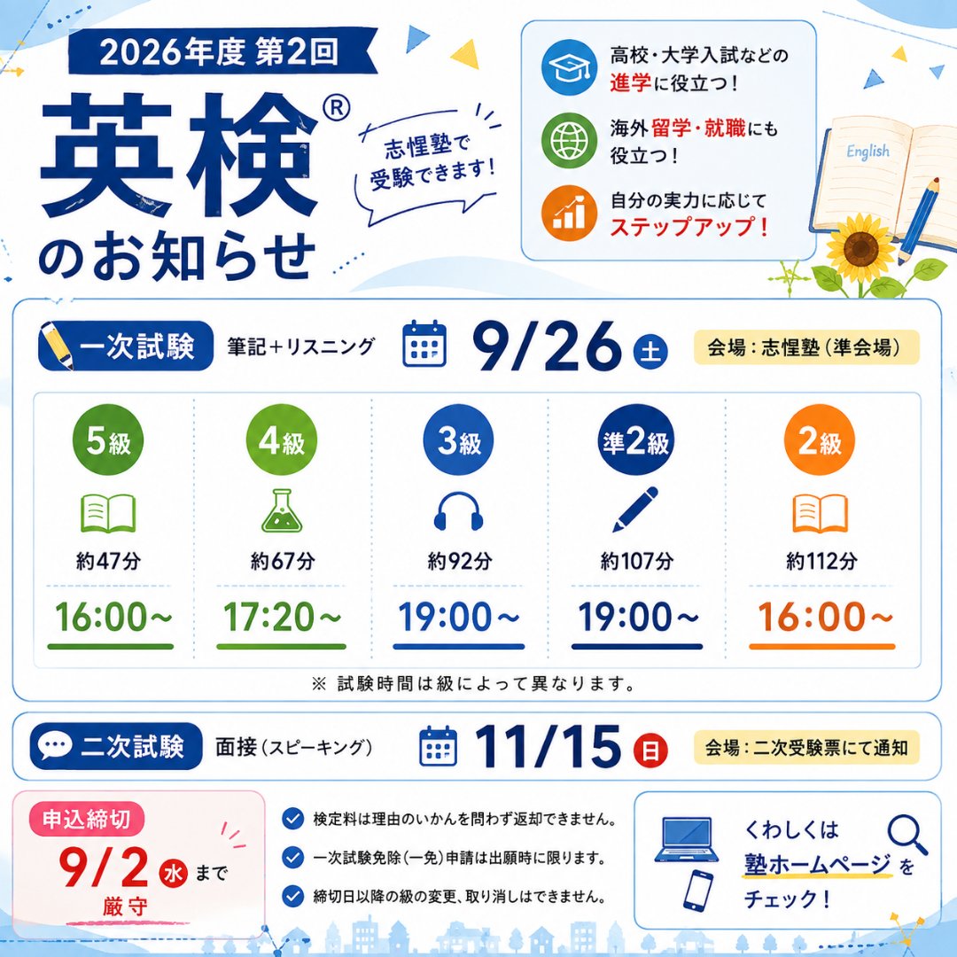 ShiseiJ's tweet photo. 📢【第2回 英検 申込受付開始！】

志惺塾では、9/26（土）実施・第2回英語検定（準会場B日程）の申込受付を開始しました。

英検は、高校入試や大学入試はもちろん、自分の英語力を確認するよい機会です。

志惺塾では、塾生だけでなく外部の方のお申し込みも受け付けています。
※定員になり次第、受付終了となります。
受検級・検定料・試験時間などの詳細は、こちらをご確認ください👇

志惺塾ホームページ（第2回英検のご案内）
https://t.co/BOwqqc1gPp

#英検 #英語検定 #英検対策 #志惺塾 #西白井 #白井市 #高校受験