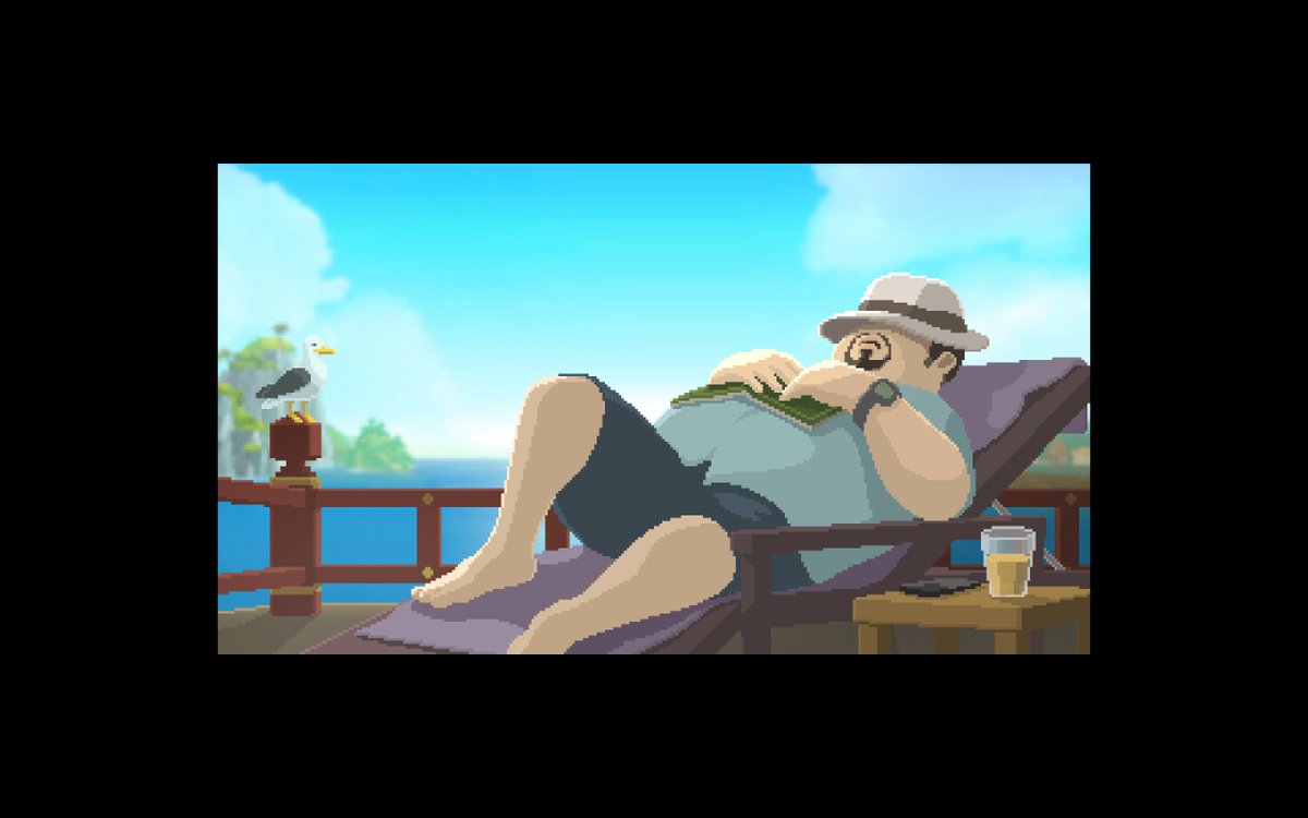 _cheesetaco's tweet photo. 游戏玩到后期都不想下海抓鱼了，之前潜水一次现实世界至少要花二三十分钟，每次玩都感觉好疲惫...现在鱼都抓得差不多了靠养殖场也够每天的食材，经常就选择跳过时间等着晚上开店，过场动画也是之前没有见过的，难得让戴夫休息一下，躺着看书好悠闲捏~ https://t.co/Ymdgg48nu5