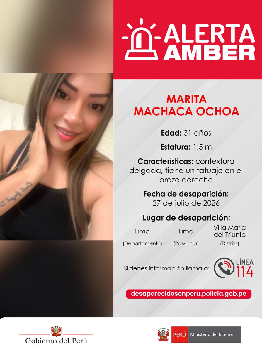 MininterPeru's tweet photo. 🚨 #AlertaAmber | ¿La has visto?

🚔 La Policía Nacional (@PNP_Noticias) ha activado la búsqueda de Marita Machaca, de 31 años.

📱 Llama a la #Línea114 si conoces su paradero.

#DesaparecidosEnPerú #Lima #VMT https://t.co/FhVHlsXotv